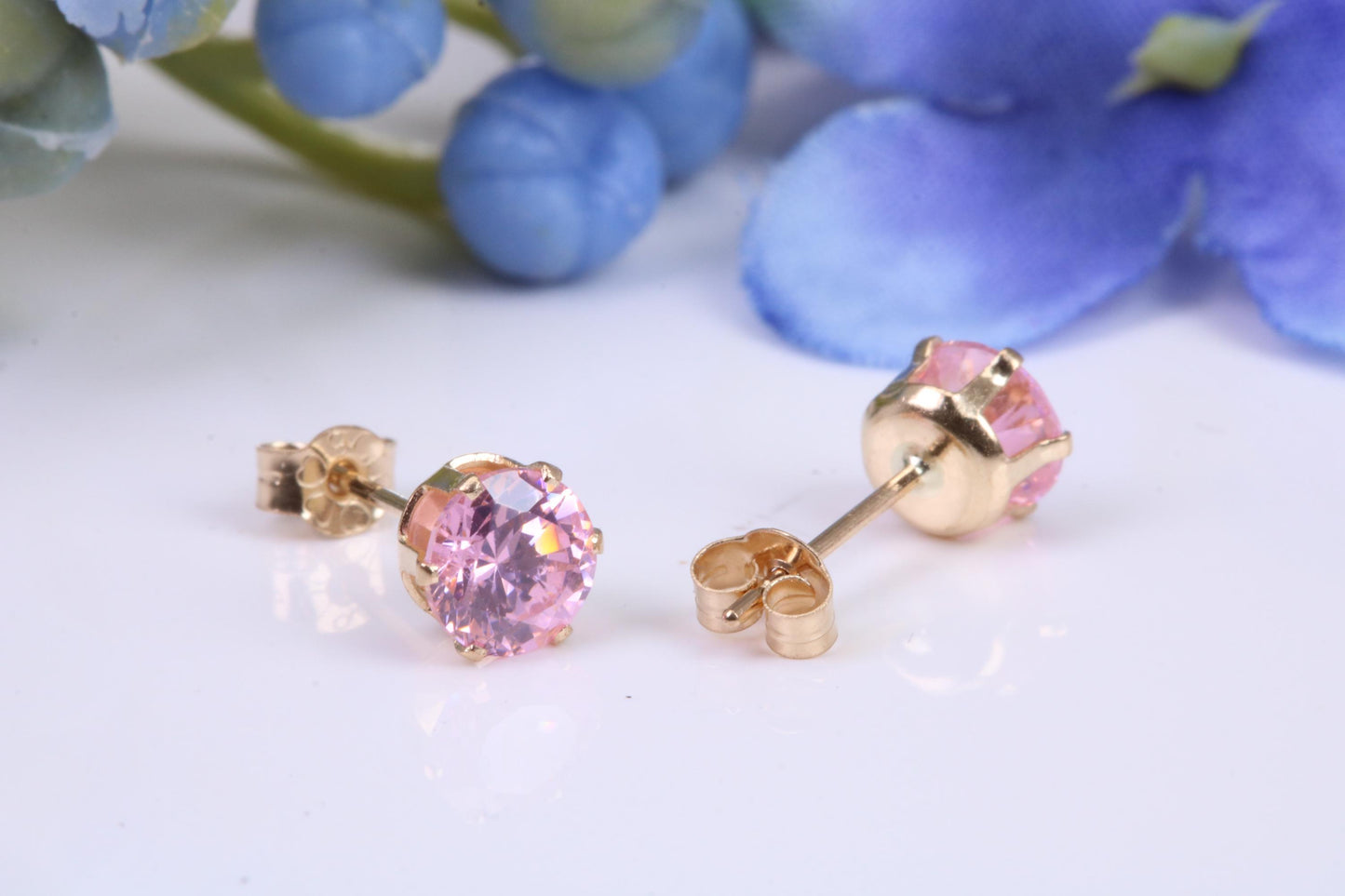 Small 5 mm Round Pink Cubic Zirconia set Stud Earrings, Made from Solid 9ct Yellow Gold