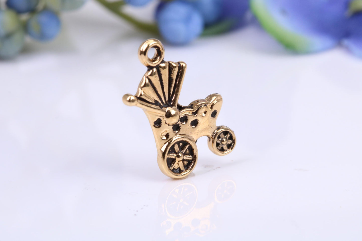 Baby Pram Charm, Traditional Charm, Made from Solid Cast Yellow Gold, British Hallmarked