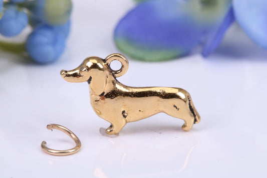 Dachshund Dog Charm, Made from Solid Cast Yellow Gold, Complete with Attachment Link
