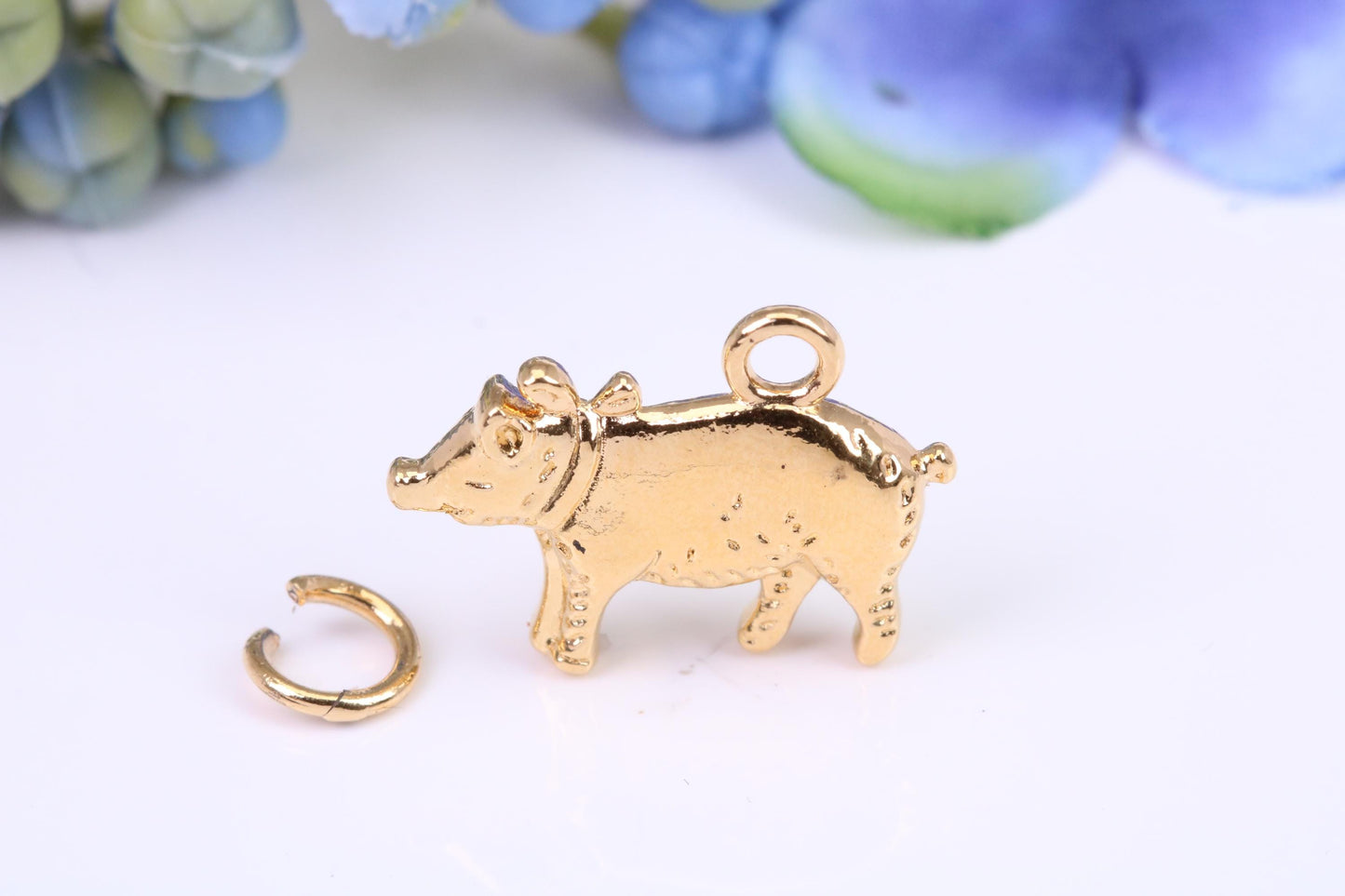 Farm Pig Charm, Made from Solid Yellow Gold, British Hallmarked, Complete with Attachment Link