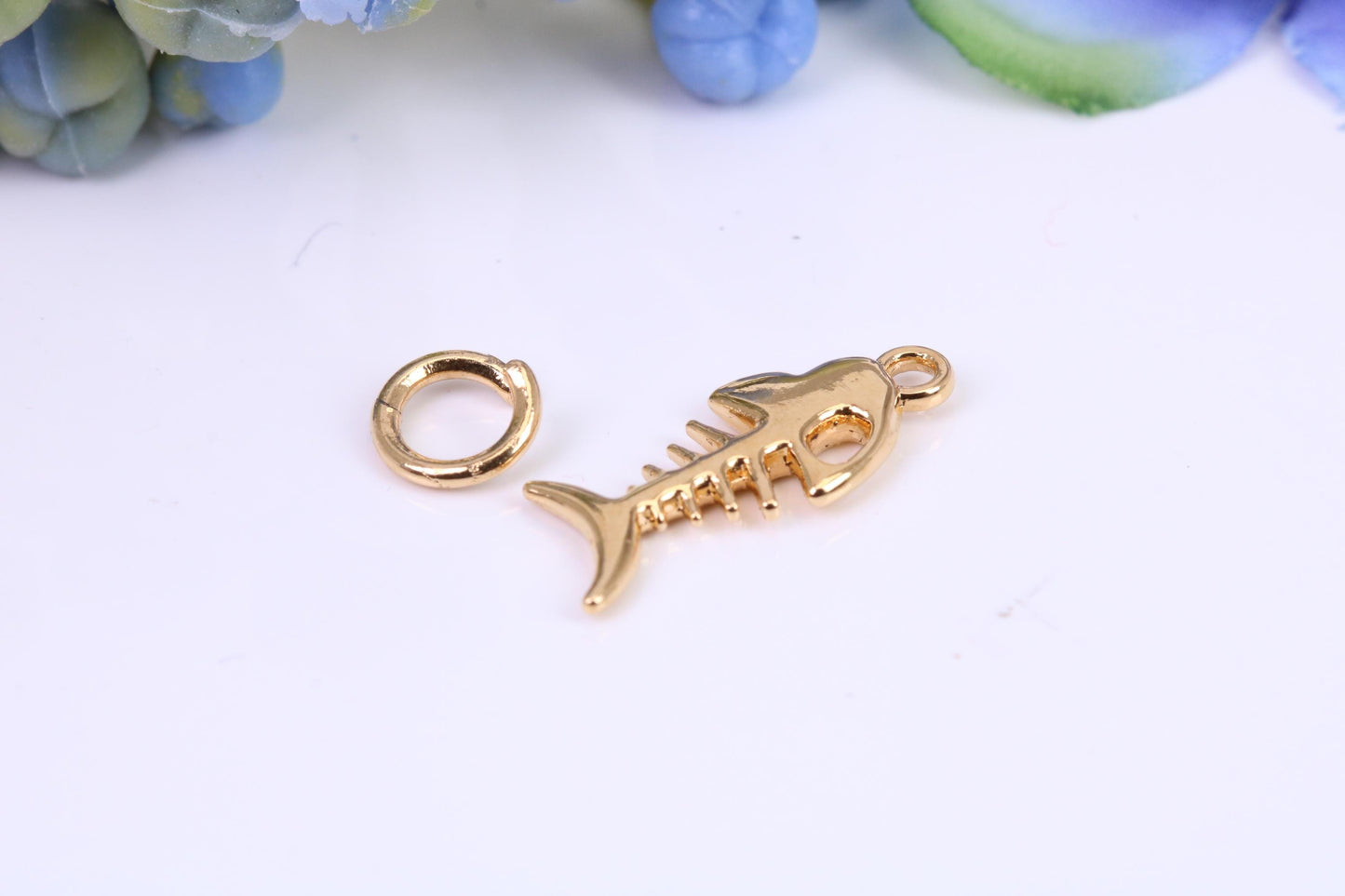Fishbone Charm, Made from Solid Cast Yellow Gold, British Hallmarked, Complete with Attachment Link