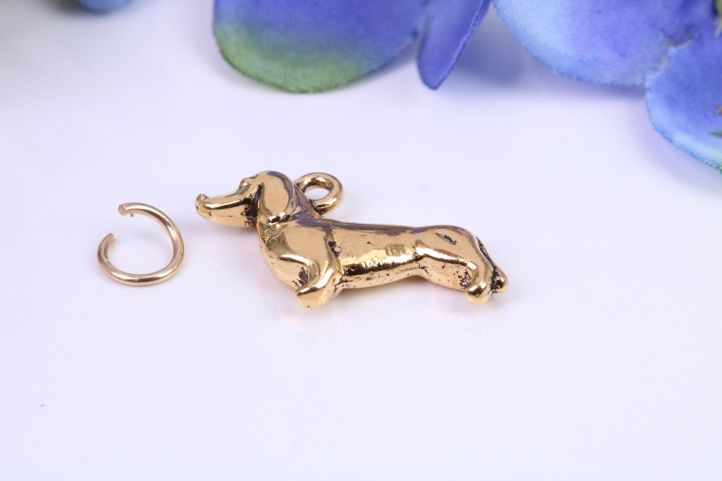 Dachshund Dog Charm, Made from Solid Cast Yellow Gold, Complete with Attachment Link