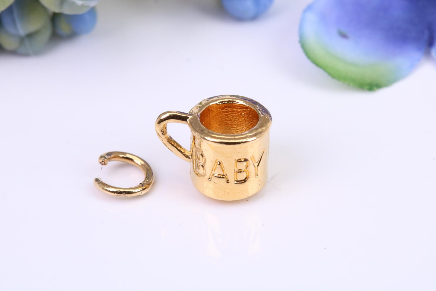 Baby Mug Charm, Made from Solid Yellow Gold, British Hallmarked, Complete with Attachment Link