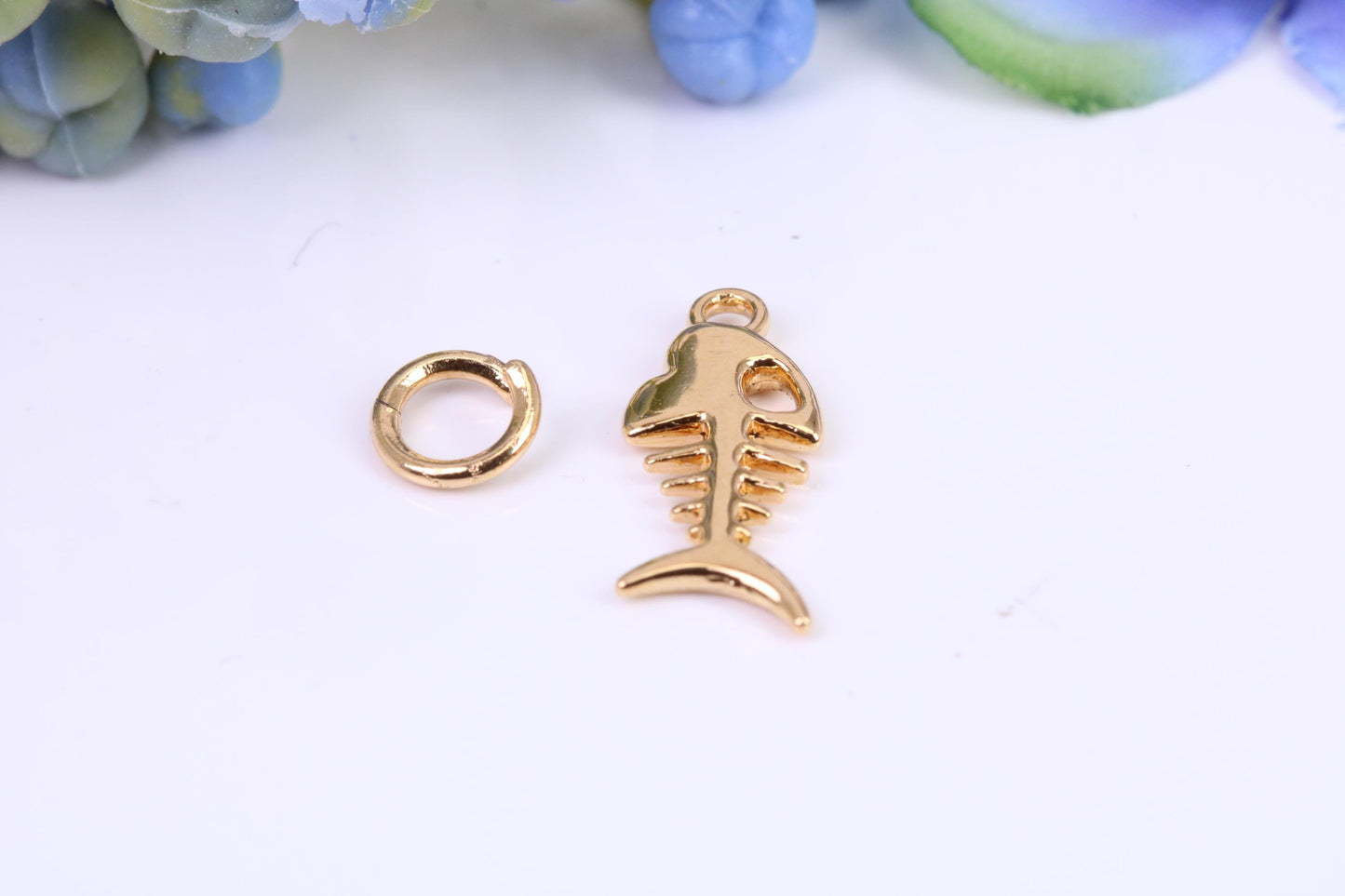 Fishbone Charm, Made from Solid Cast Yellow Gold, British Hallmarked, Complete with Attachment Link