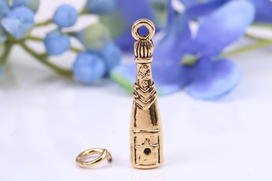Champagne Bottle Charm, Made from Solid Cast Yellow Gold, British Hallmarked