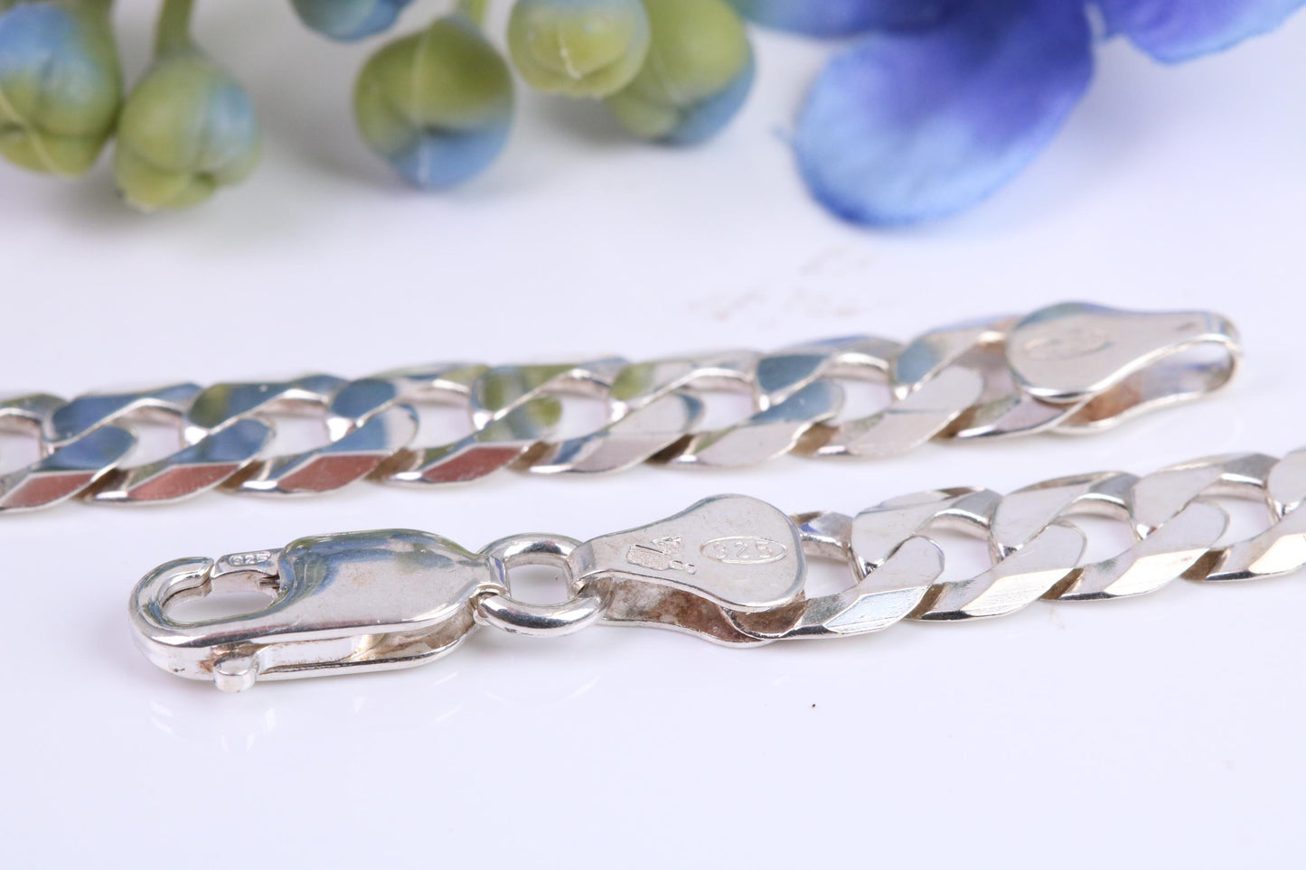 Gents heavy Diamond cut Flat Curb Chain, made from solid Sterling Silver, 26 Inches Long x 7 mm wide, British Hallmarked