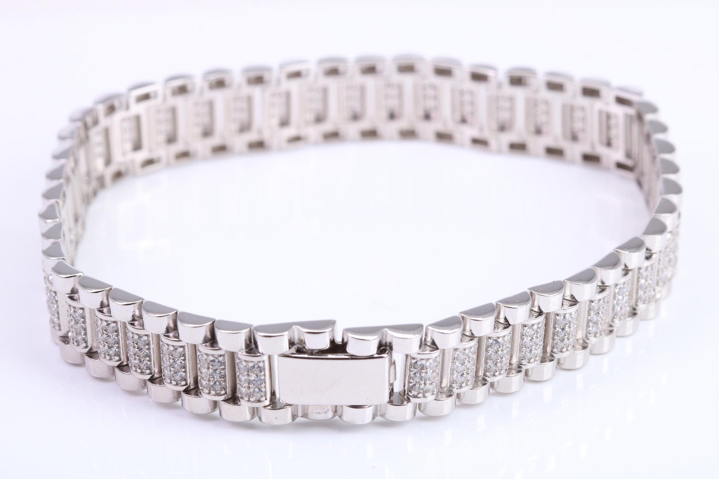 Gents Heavy Watch Strap Style Bracelet, AAA Graded C Z, Made from solid Sterling Silver, 8.50 Inches Long and 11 mm Wide, British Hallmarked