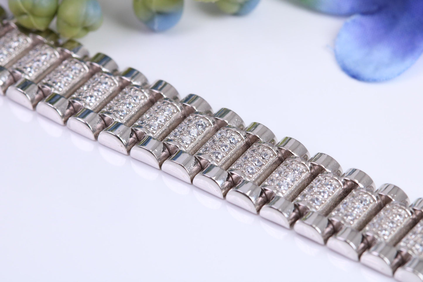 Gents Heavy Watch Strap Style Bracelet, AAA Graded C Z, Made from solid Sterling Silver, 8.50 Inches Long and 11 mm Wide, British Hallmarked