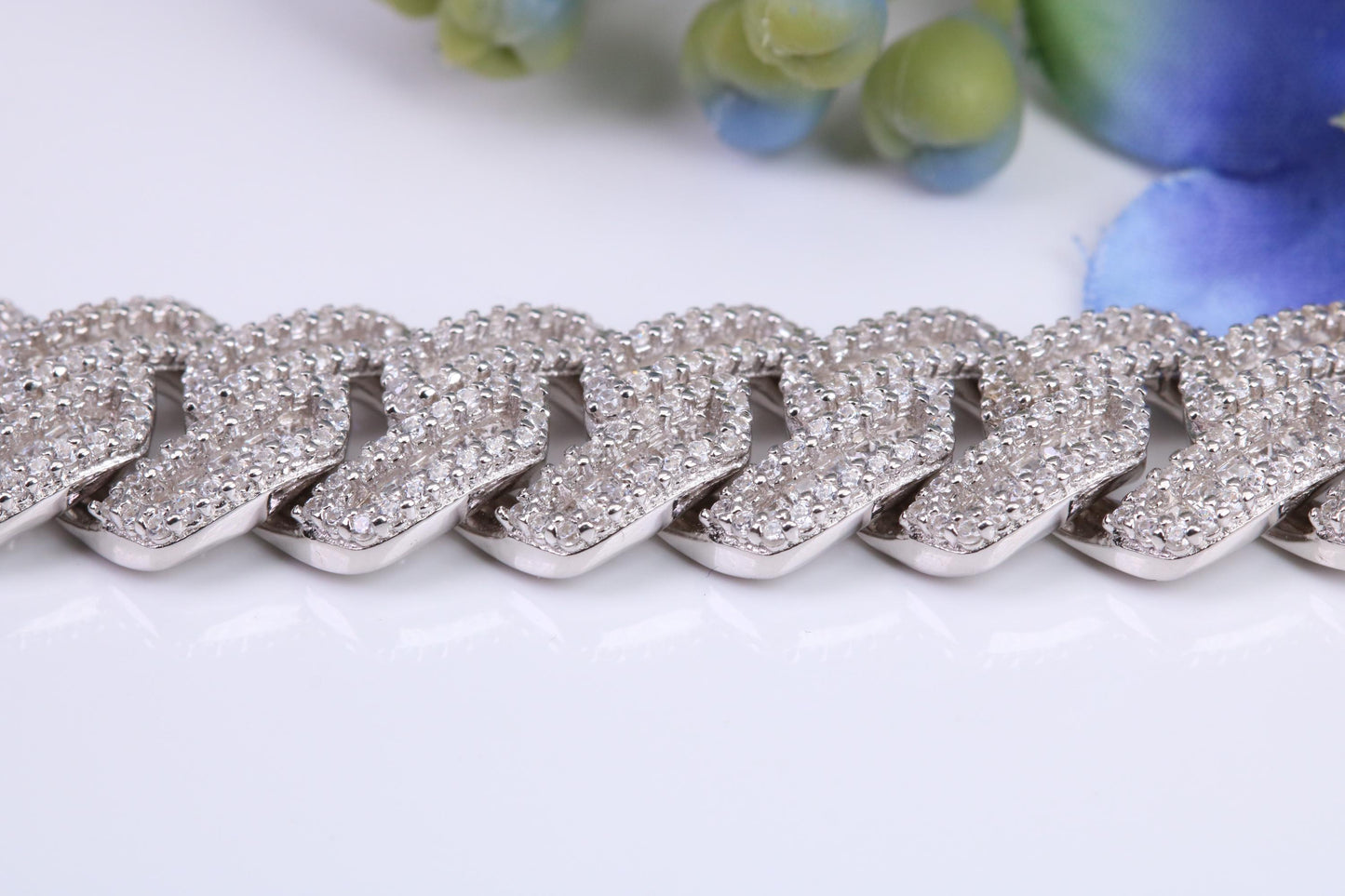 Gents Heavy C Z set Curb Link Bracelet, Made from solid Sterling Silver, 8.50 Inches Long and 13 mm Wide, British Hallmarked