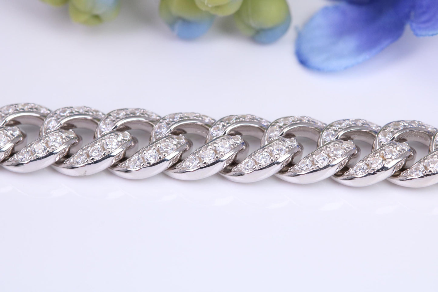 Gents Heavy Cuban Link Bracelet, AAA Graded C Z, Made from solid Sterling Silver, 8.50 Inches Long and 9 mm Wide, British Hallmarked