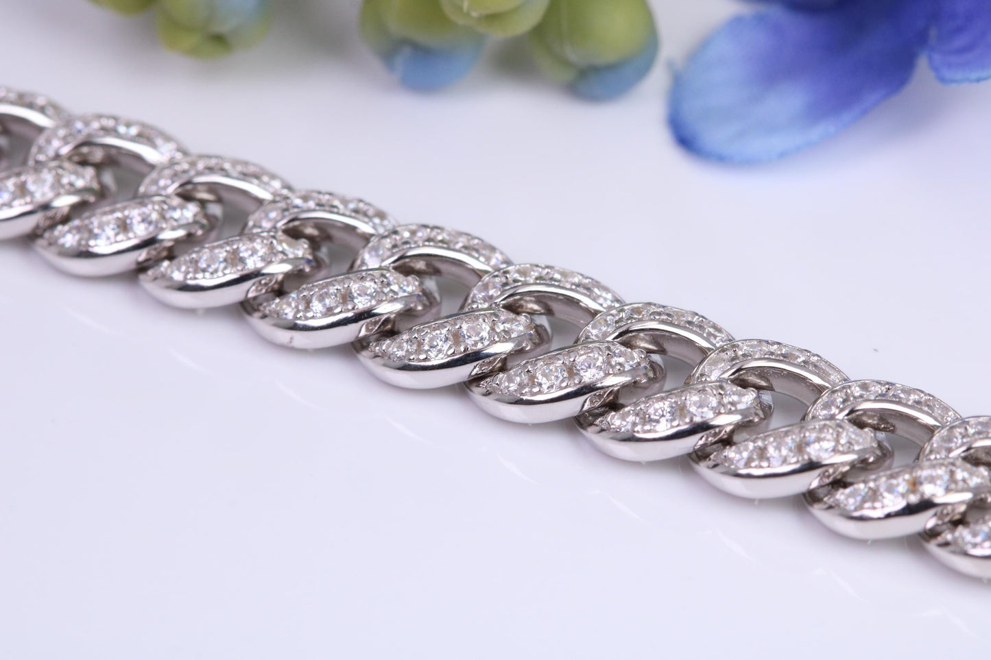 Gents Heavy Cuban Link Bracelet, AAA Graded C Z, Made from solid Sterling Silver, 8.50 Inches Long and 9 mm Wide, British Hallmarked