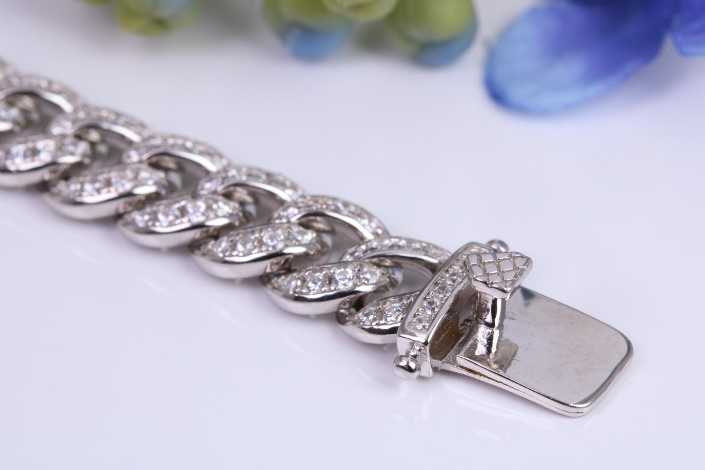 Gents Heavy Cuban Link Bracelet, AAA Graded C Z, Made from solid Sterling Silver, 8.50 Inches Long and 9 mm Wide, British Hallmarked