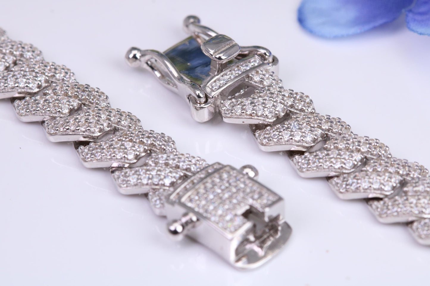 Gents heavy 24 inch Chain, Flat Cubic Zirconia set Links, made from solid Sterling Silver, 24 Inches Long x 8.50 mm wide