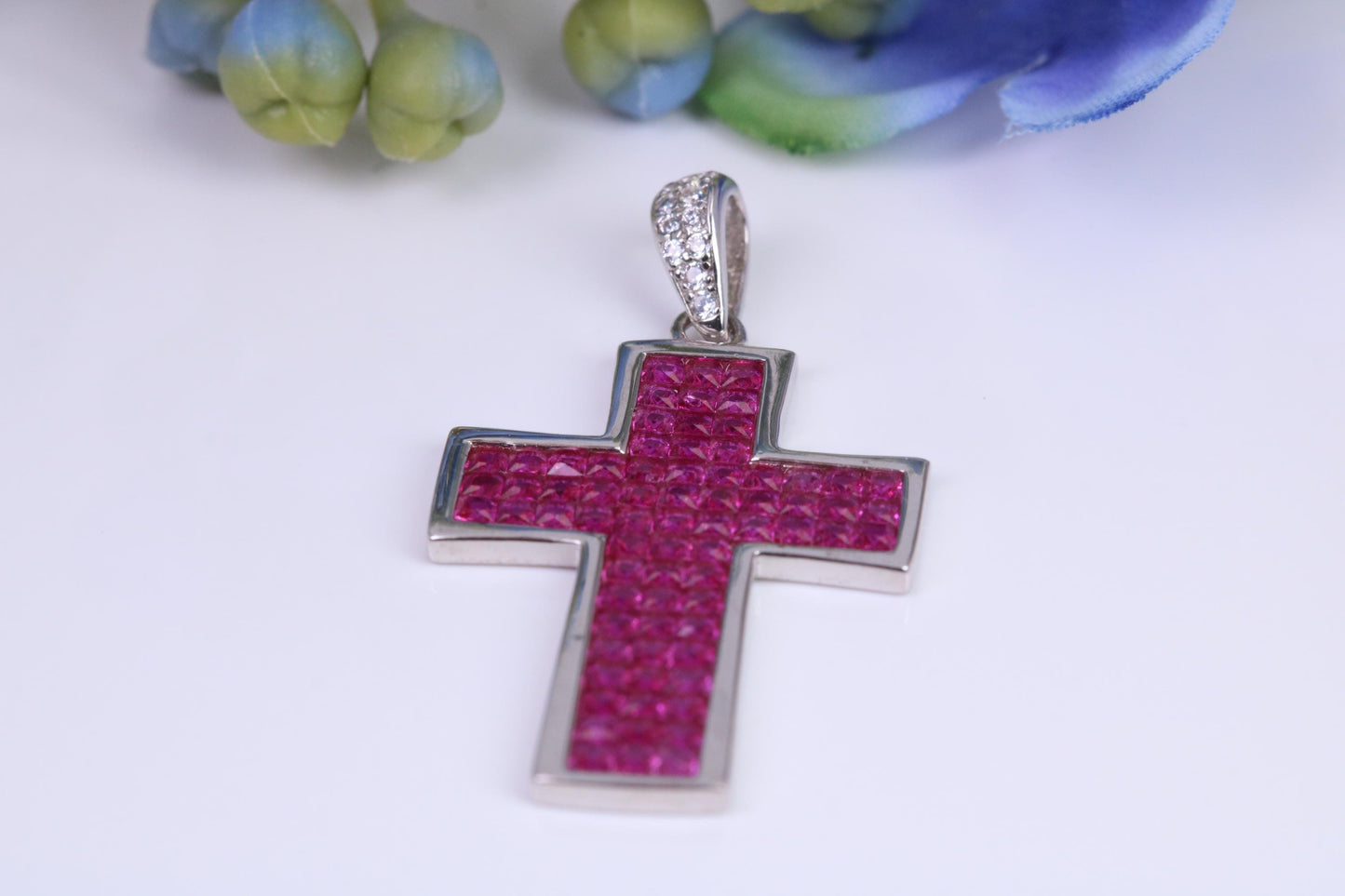 30 mm Long Ruby C Z set Sterling Silver Cross, Made From Solid Cast Silver
