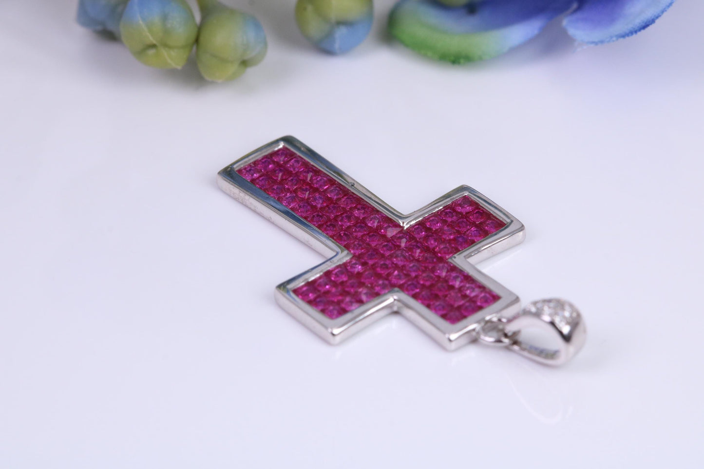 30 mm Long Ruby C Z set Sterling Silver Cross, Made From Solid Cast Silver