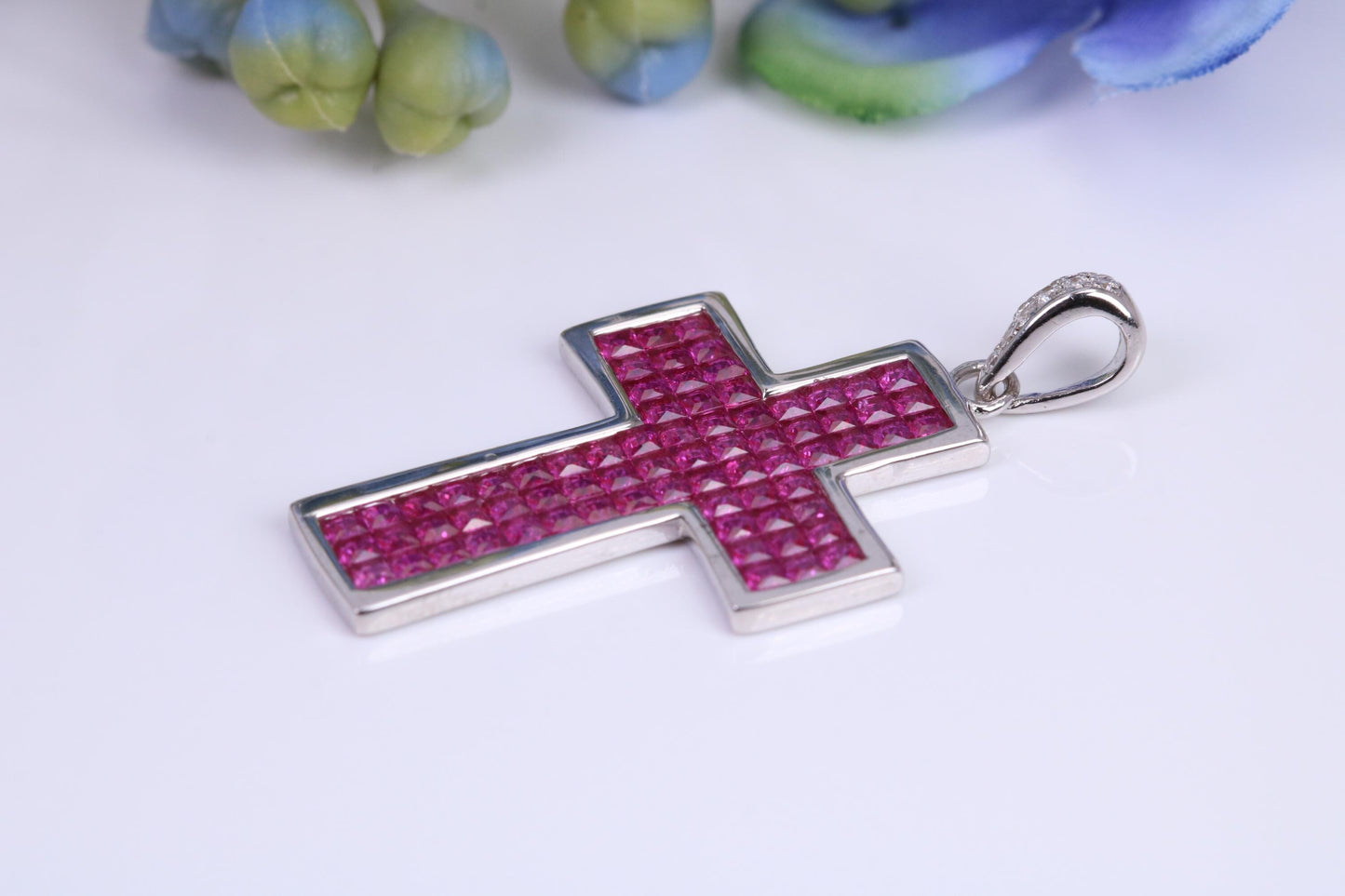 30 mm Long Ruby C Z set Sterling Silver Cross, Made From Solid Cast Silver