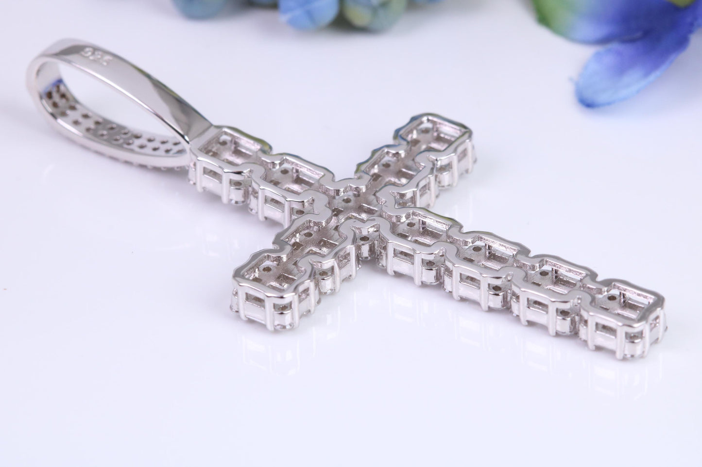 Large 65 mm Long Cubic Zirconia set Cross Necklace, made from solid Sterling Silver