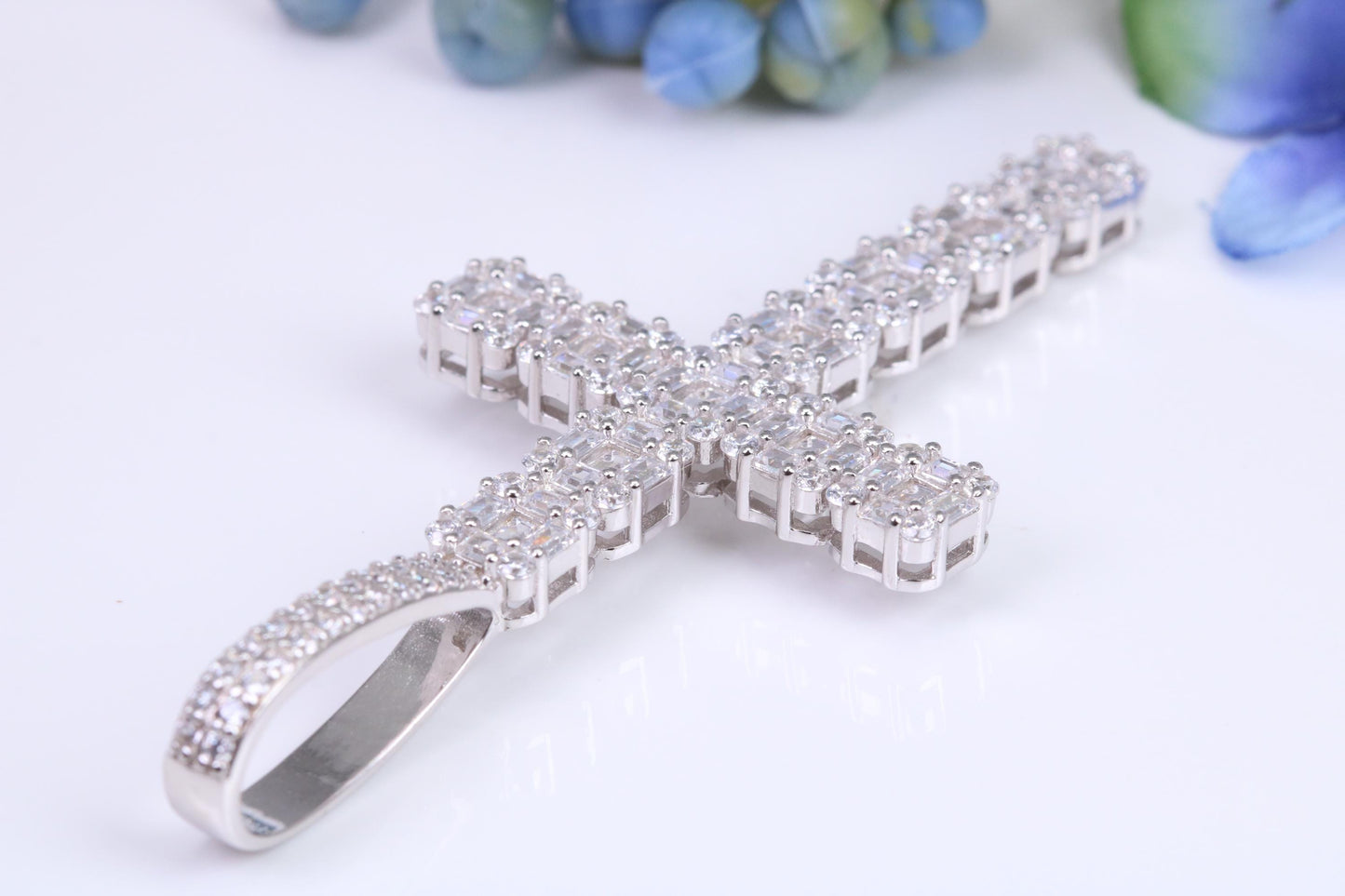Large 65 mm Long Cubic Zirconia set Cross Necklace, made from solid Sterling Silver