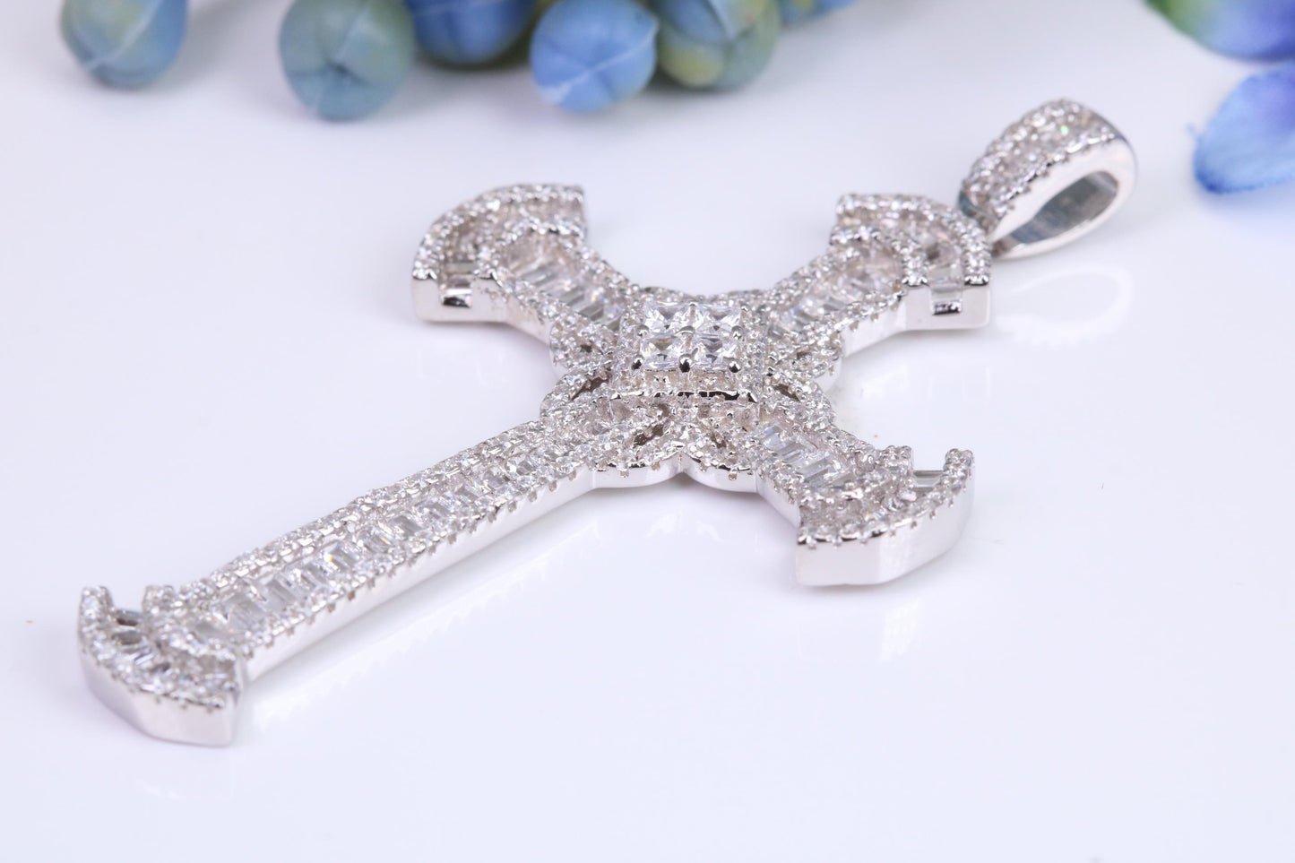 Large 57 mm Long Cubic Zirconia set Cross Necklace, made from solid Sterling Silver