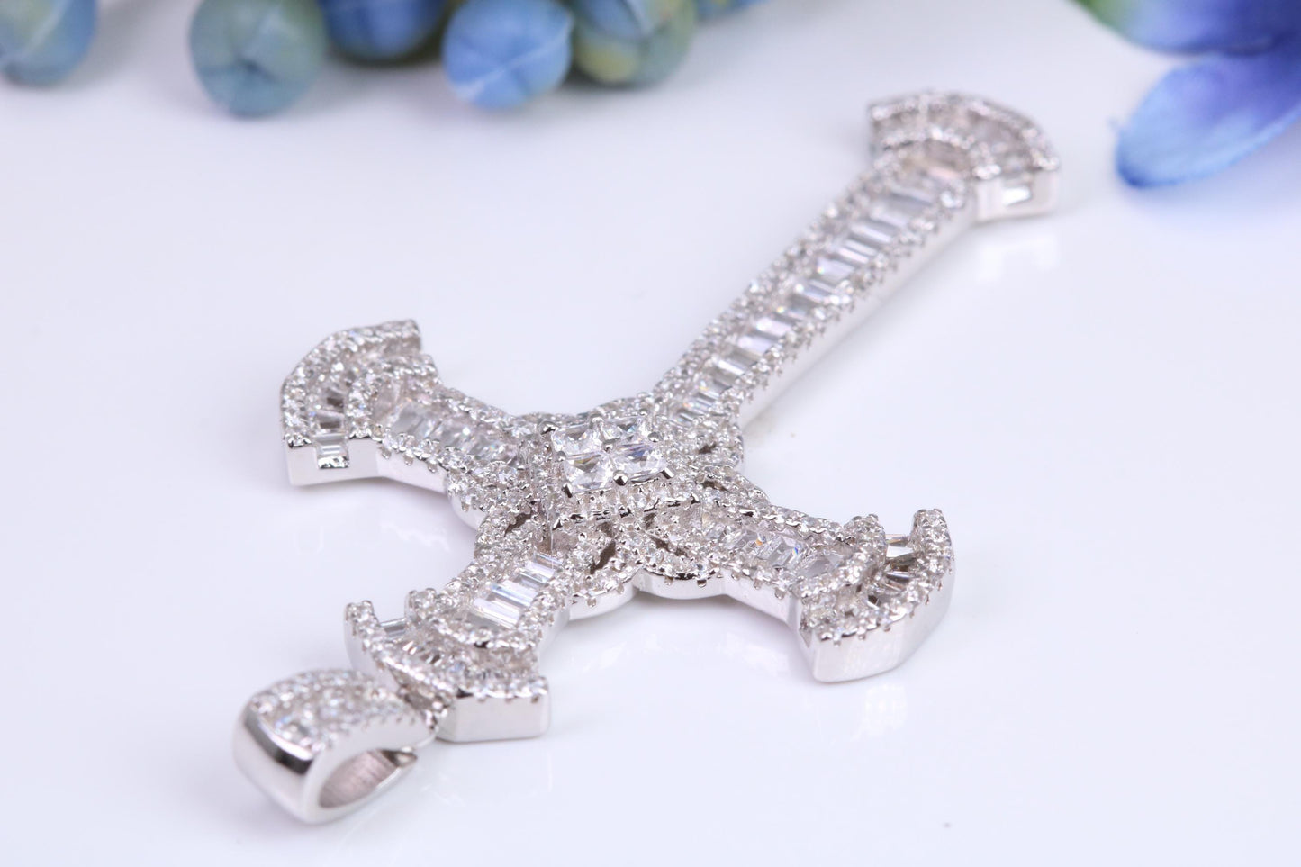 Large 57 mm Long Cubic Zirconia set Cross Necklace, made from solid Sterling Silver
