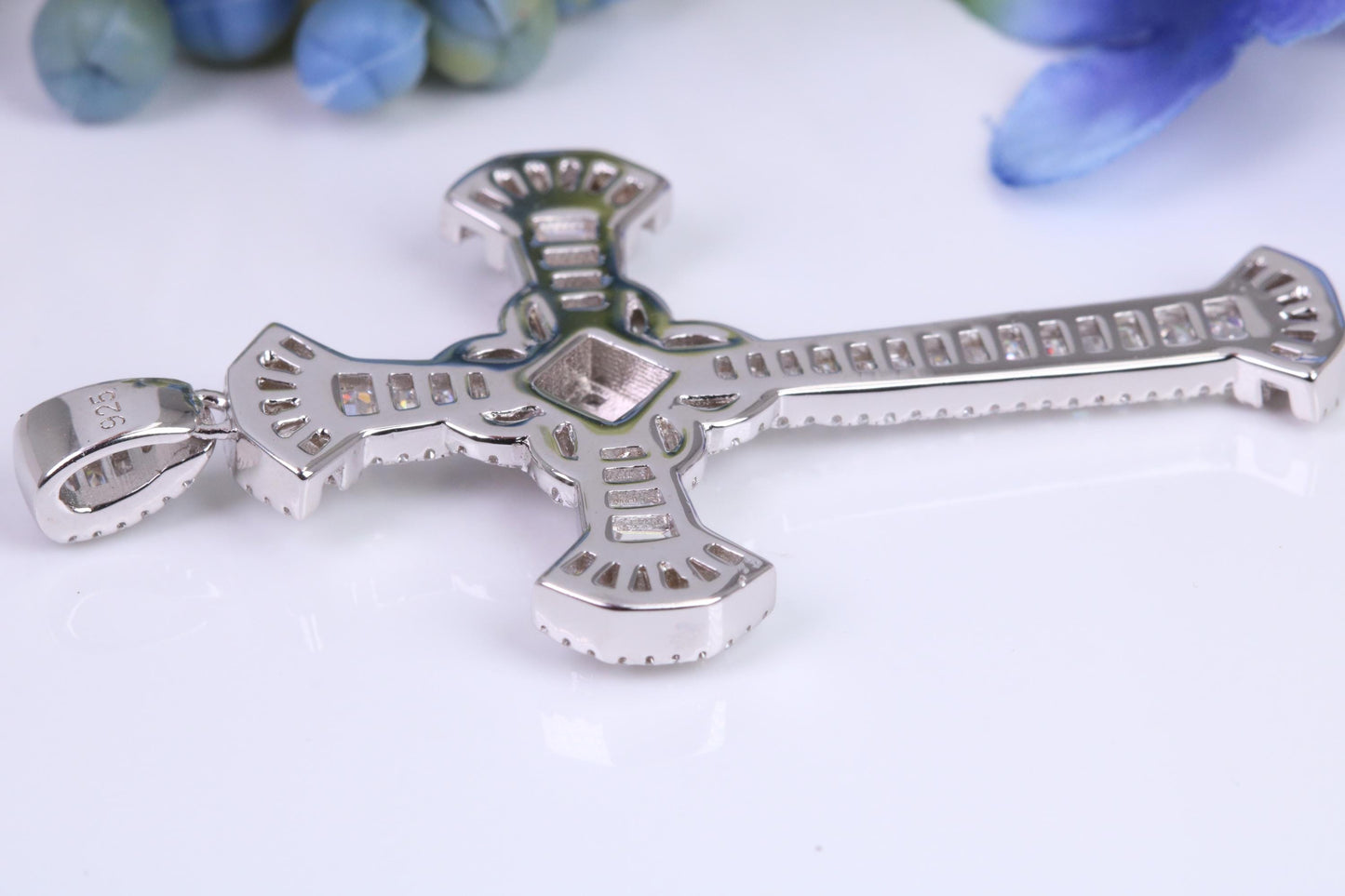 Large 57 mm Long Cubic Zirconia set Cross Necklace, made from solid Sterling Silver