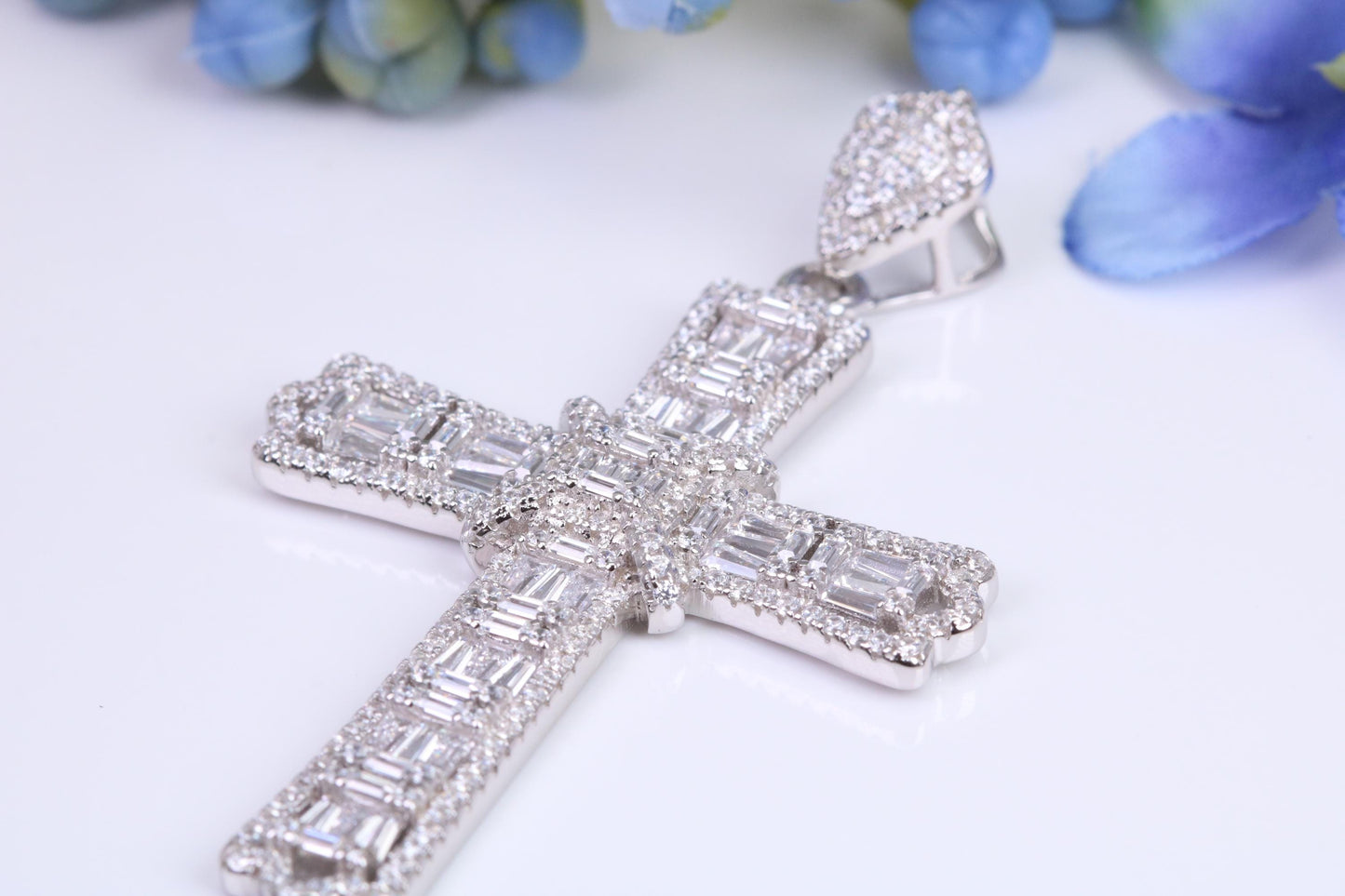 Large 55 mm Long Cubic Zirconia set Cross Necklace, made from solid Sterling Silver