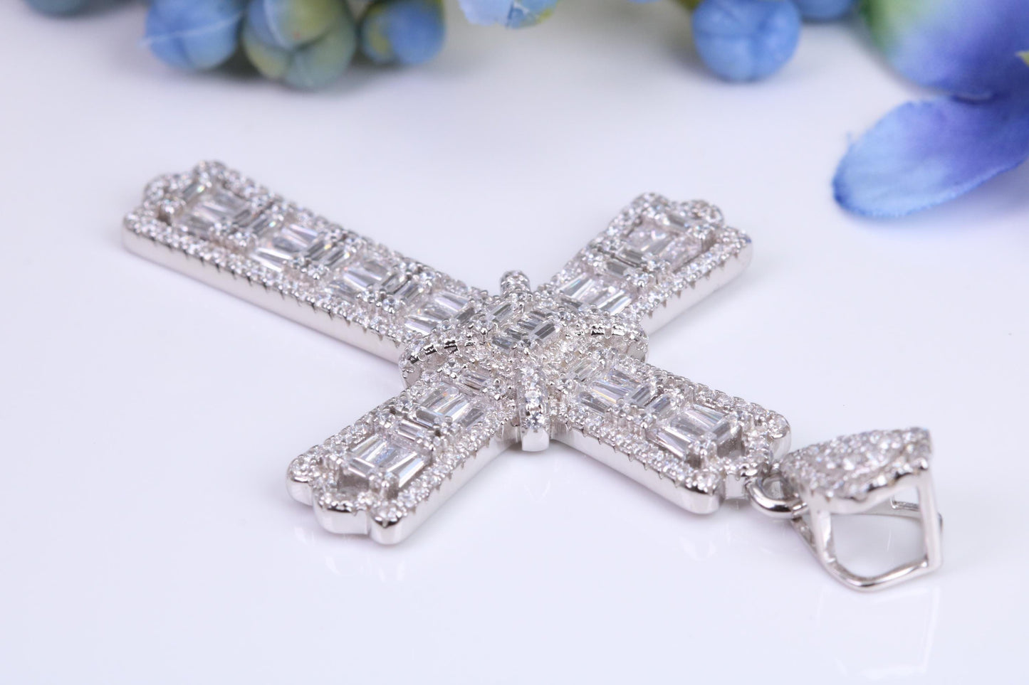 Large 55 mm Long Cubic Zirconia set Cross Necklace, made from solid Sterling Silver