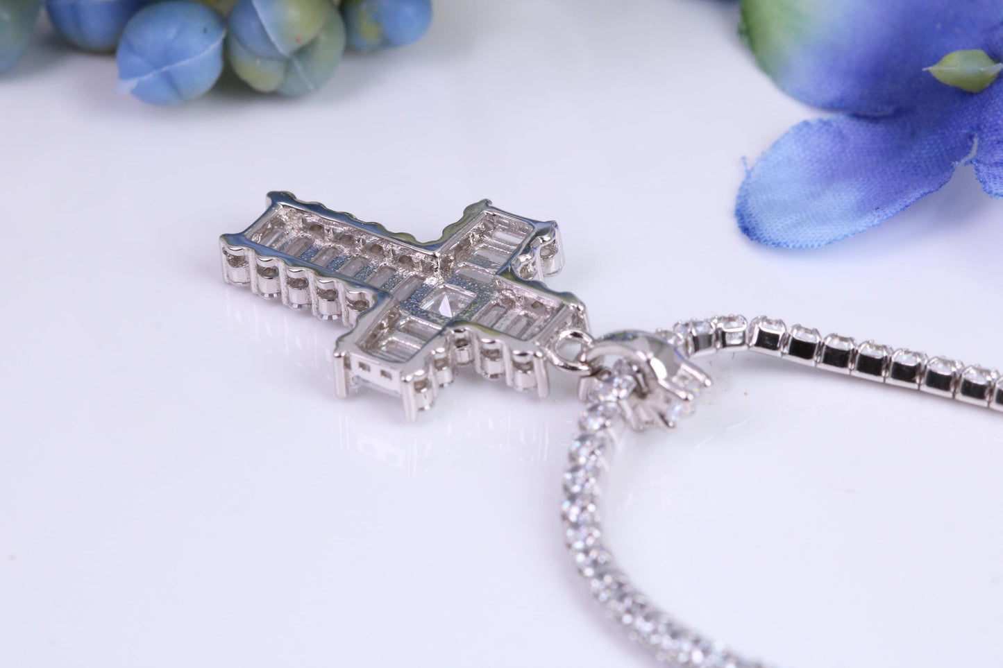 28 mm Long Cubic Zirconia set Cross Necklace, made from solid Sterling Silver