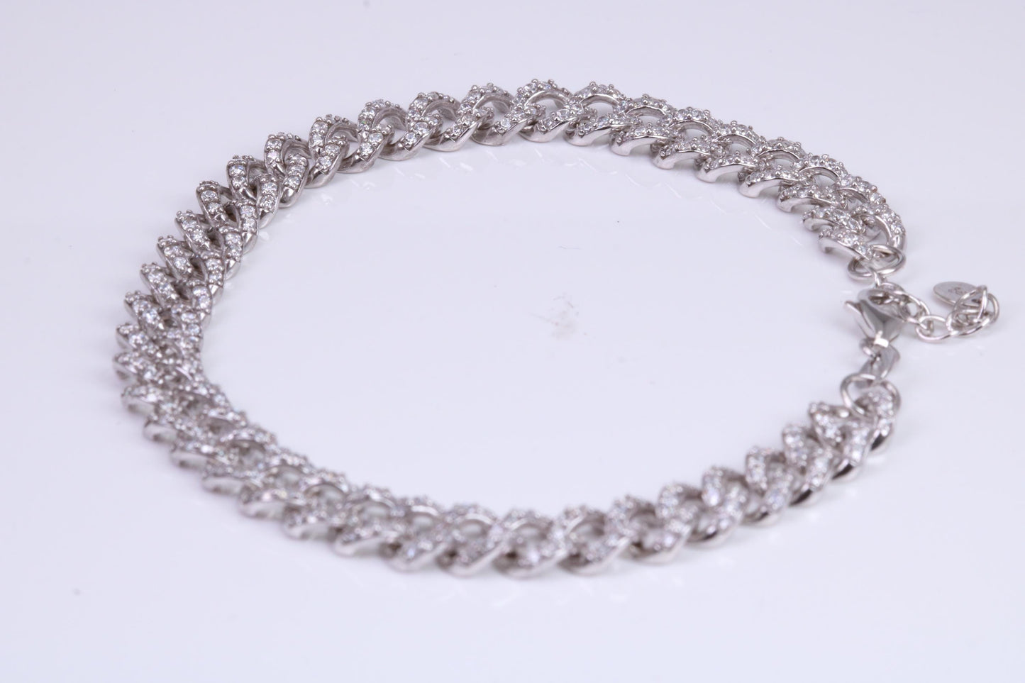C Z set Curb Link Bracelet, AAA Graded C Z, Made from solid Sterling Silver, 8.50 Inches Long and 9 mm Wide, Length Adjustable