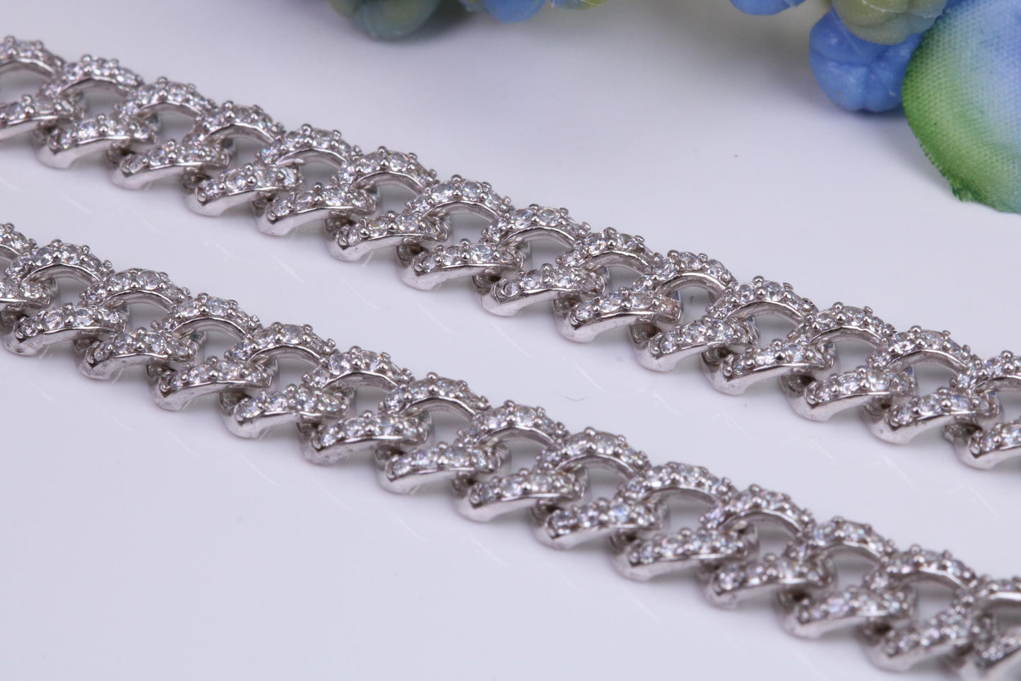 C Z set Curb Link Bracelet, AAA Graded C Z, Made from solid Sterling Silver, 8.50 Inches Long and 9 mm Wide, Length Adjustable