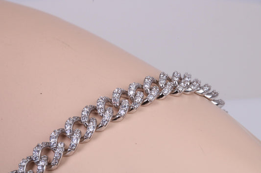 C Z set Curb Link Bracelet, AAA Graded C Z, Made from solid Sterling Silver, 8.50 Inches Long and 9 mm Wide, Length Adjustable