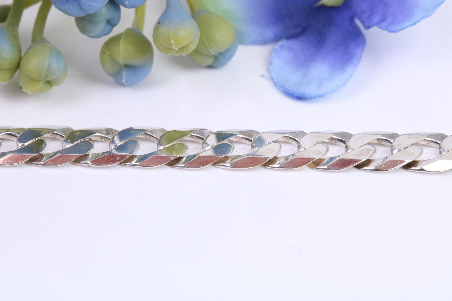 Gents heavy Diamond cut Flat Curb Chain, made from solid Sterling Silver, 26 Inches Long x 7 mm wide, British Hallmarked