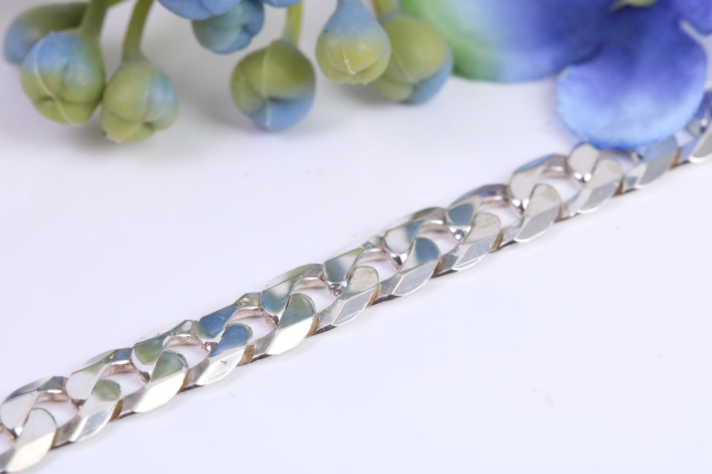 Gents heavy Diamond cut Flat Curb Chain, made from solid Sterling Silver, 26 Inches Long x 7 mm wide, British Hallmarked