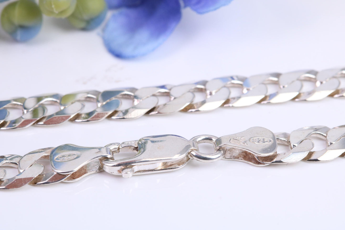 Gents heavy Diamond cut Flat Curb Chain, made from solid Sterling Silver, 26 Inches Long x 7 mm wide, British Hallmarked