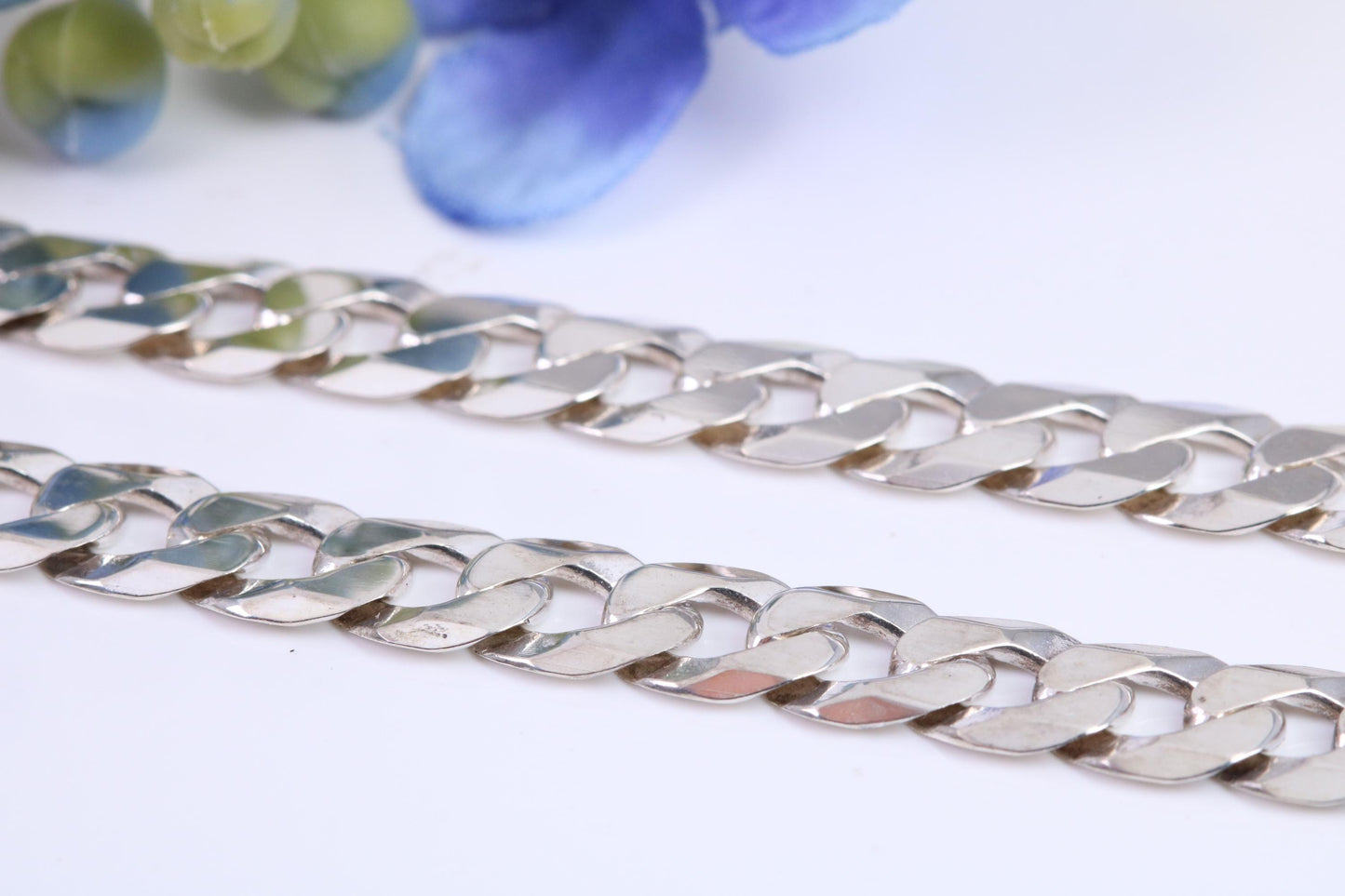 Gents heavy Diamond cut Flat Curb Chain, made from solid Sterling Silver, 26 Inches Long x 7 mm wide, British Hallmarked