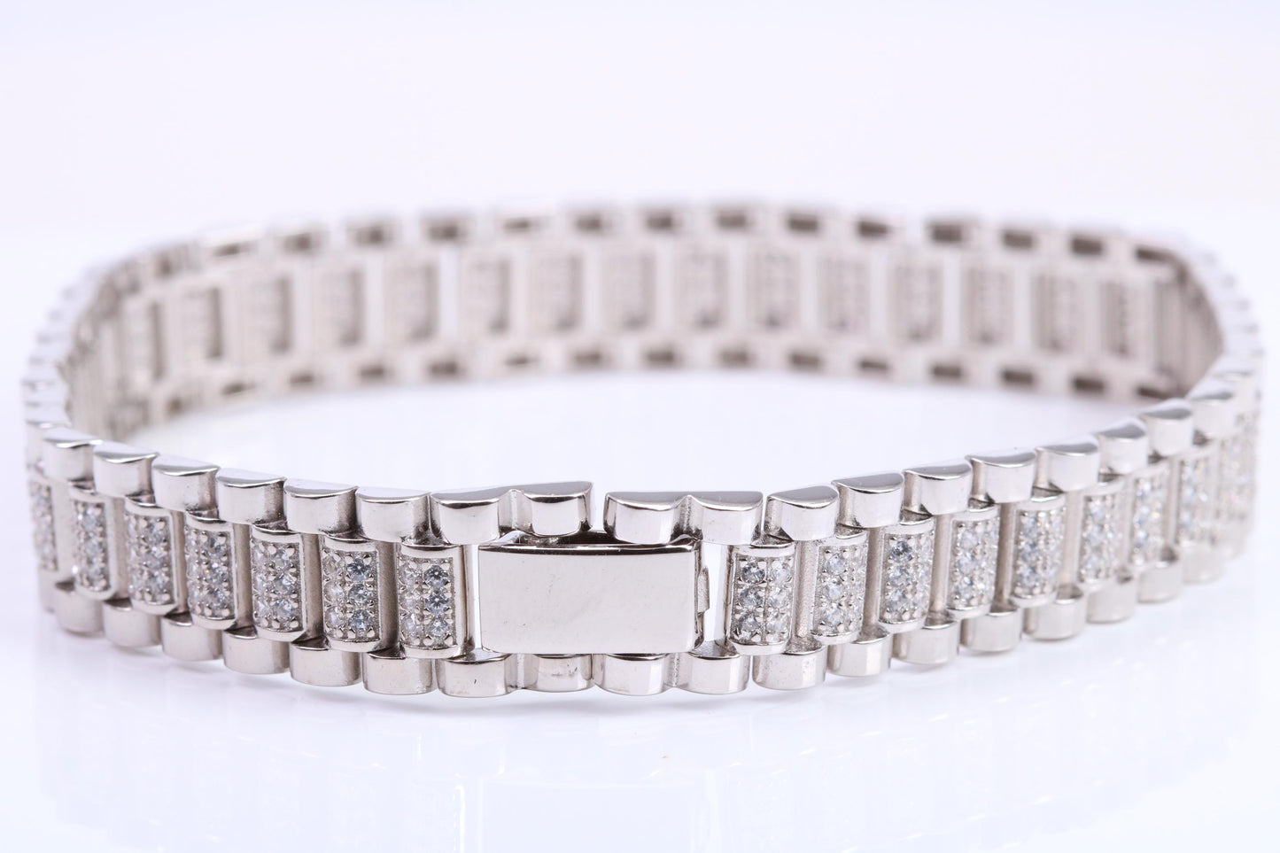 Gents Heavy Watch Strap Style Bracelet, AAA Graded C Z, Made from solid Sterling Silver, 8.50 Inches Long and 11 mm Wide, British Hallmarked