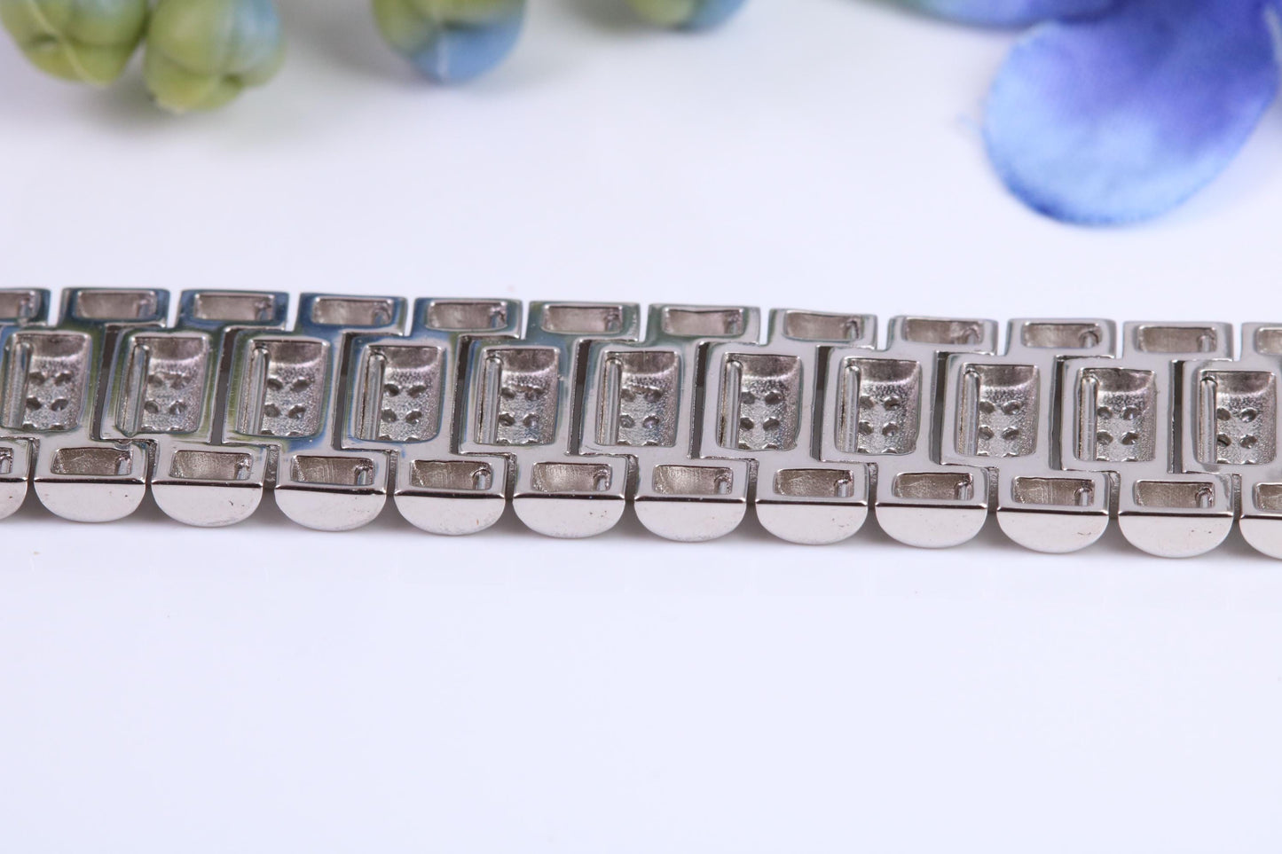 Gents Heavy Watch Strap Style Bracelet, AAA Graded C Z, Made from solid Sterling Silver, 8.50 Inches Long and 11 mm Wide, British Hallmarked