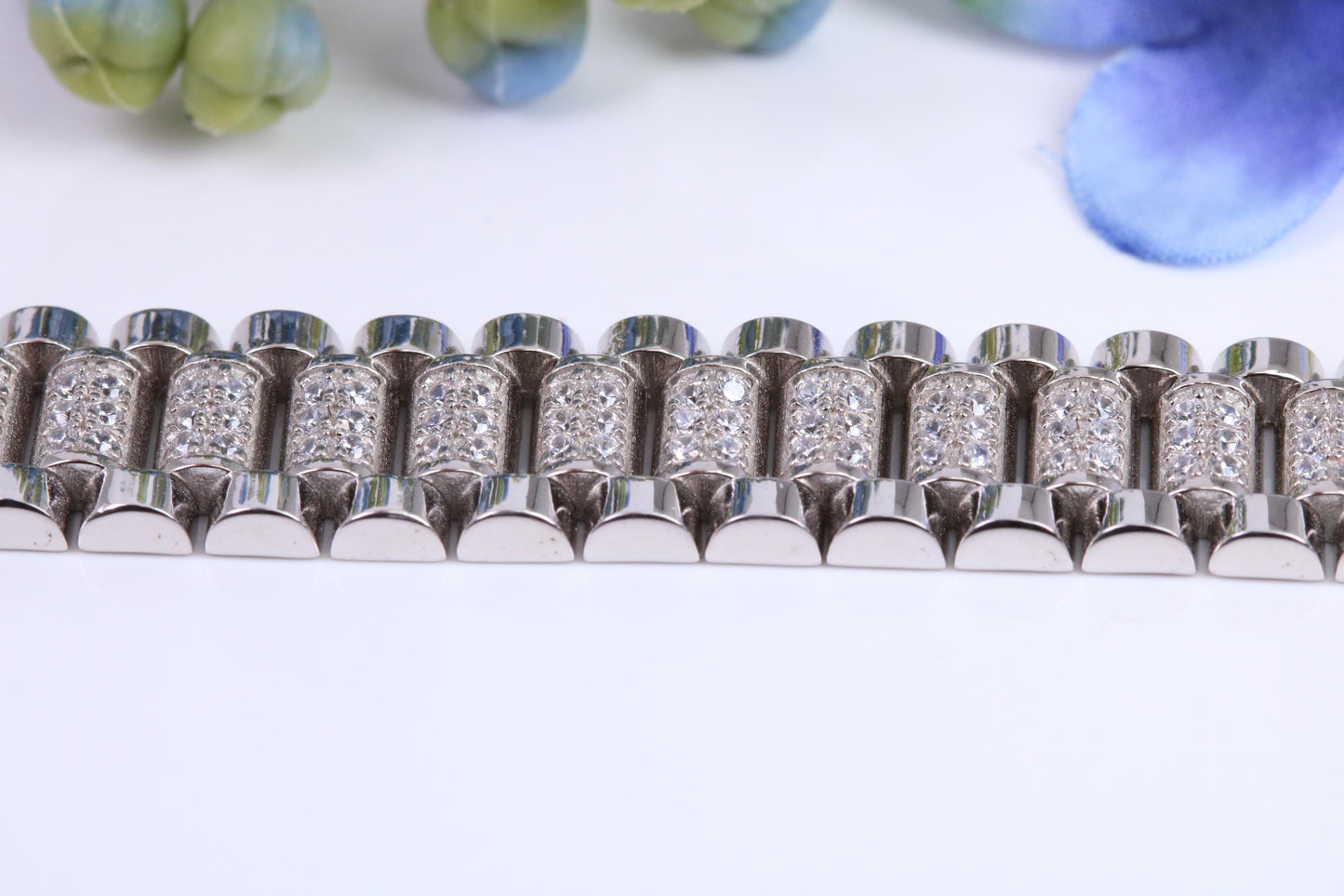 Gents Heavy Watch Strap Style Bracelet, AAA Graded C Z, Made from solid Sterling Silver, 8.50 Inches Long and 11 mm Wide, British Hallmarked