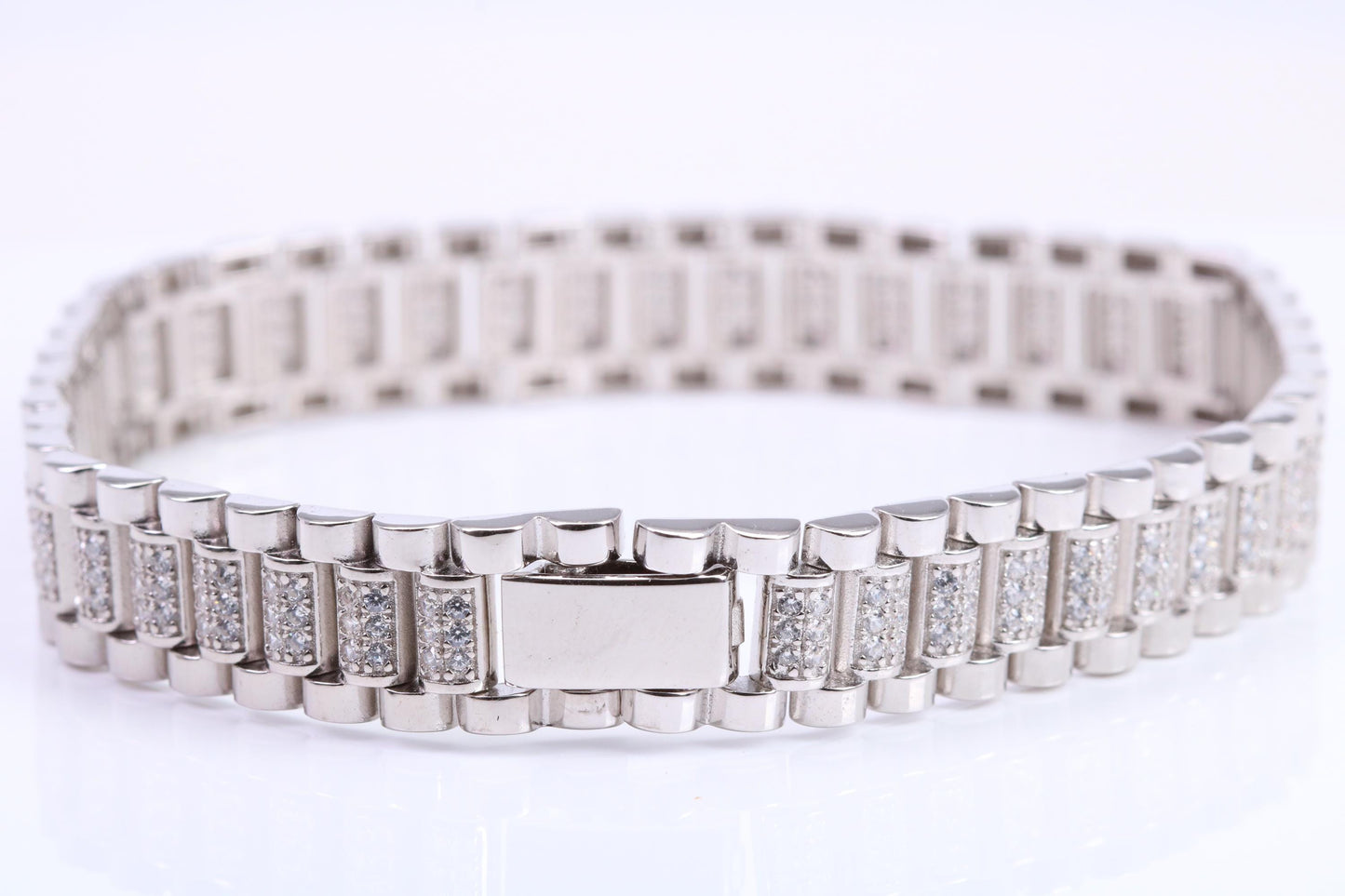 Gents Heavy Watch Strap Style Bracelet, AAA Graded C Z, Made from solid Sterling Silver, 8.50 Inches Long and 11 mm Wide, British Hallmarked