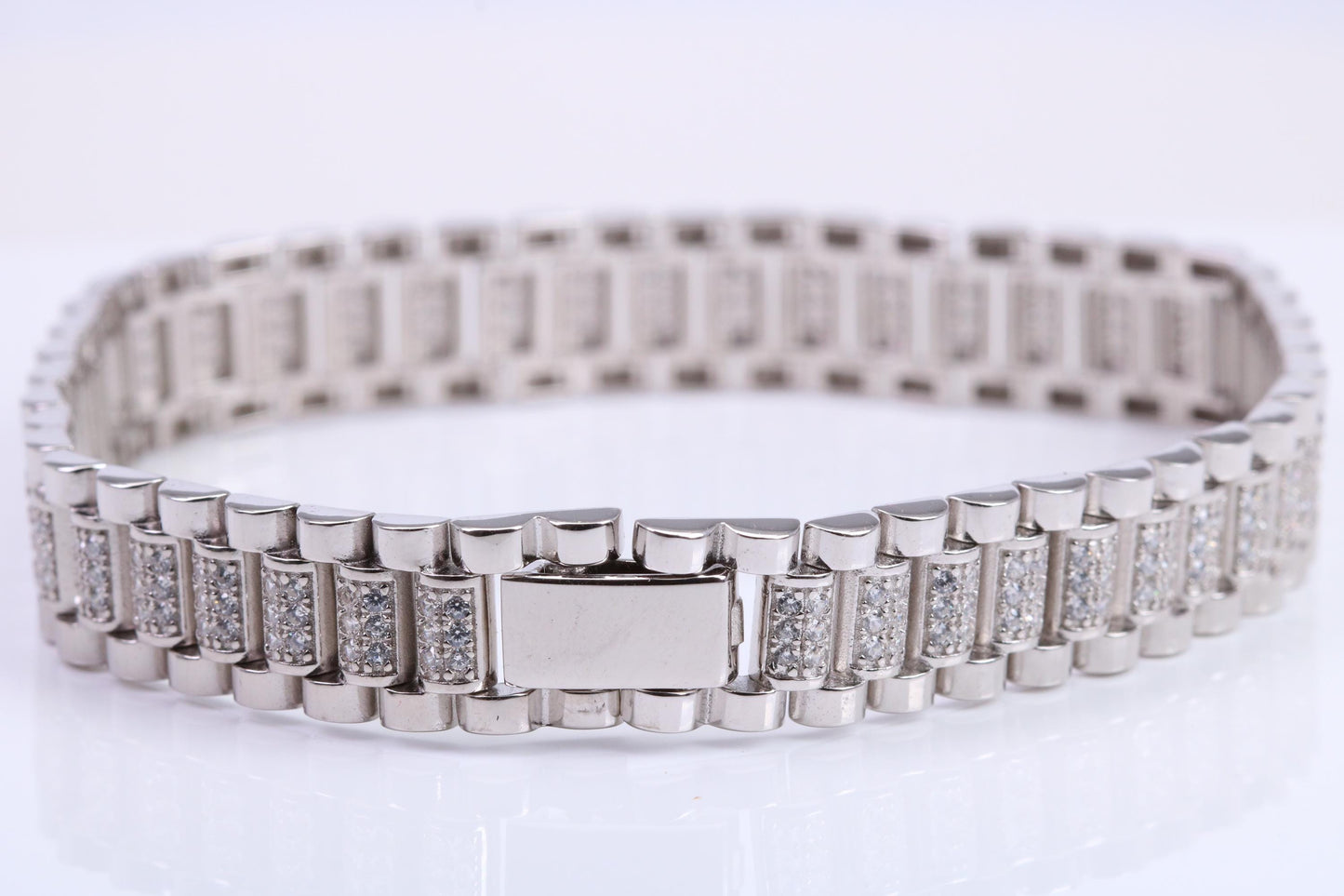 Gents Heavy Watch Strap Style Bracelet, AAA Graded C Z, Made from solid Sterling Silver, 8.50 Inches Long and 11 mm Wide, British Hallmarked