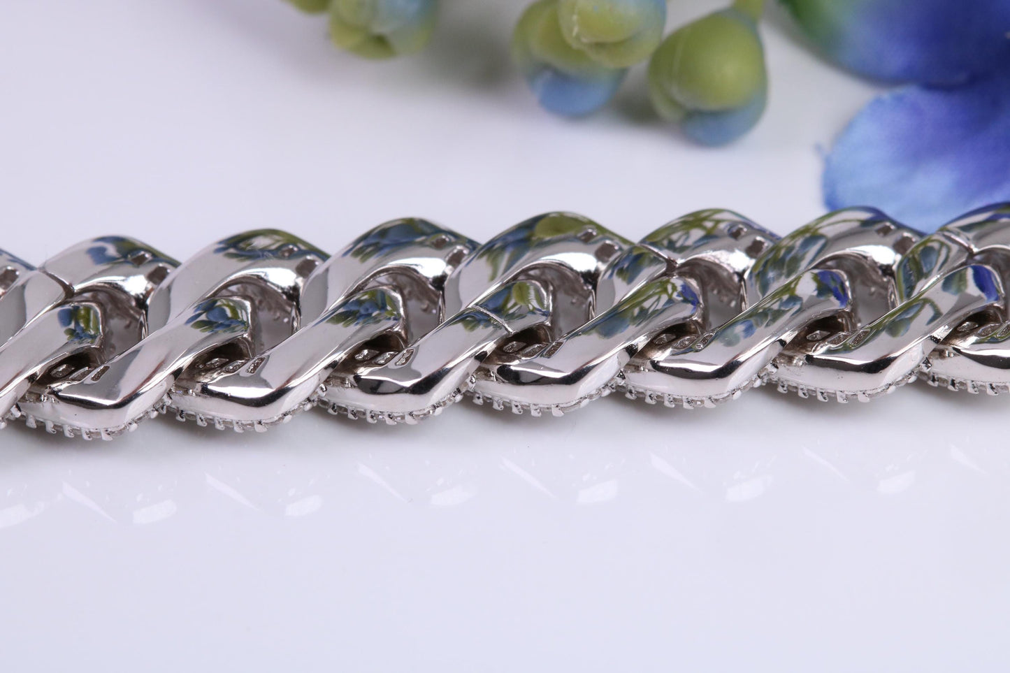 Gents Heavy C Z set Curb Link Bracelet, Made from solid Sterling Silver, 8.50 Inches Long and 13 mm Wide, British Hallmarked
