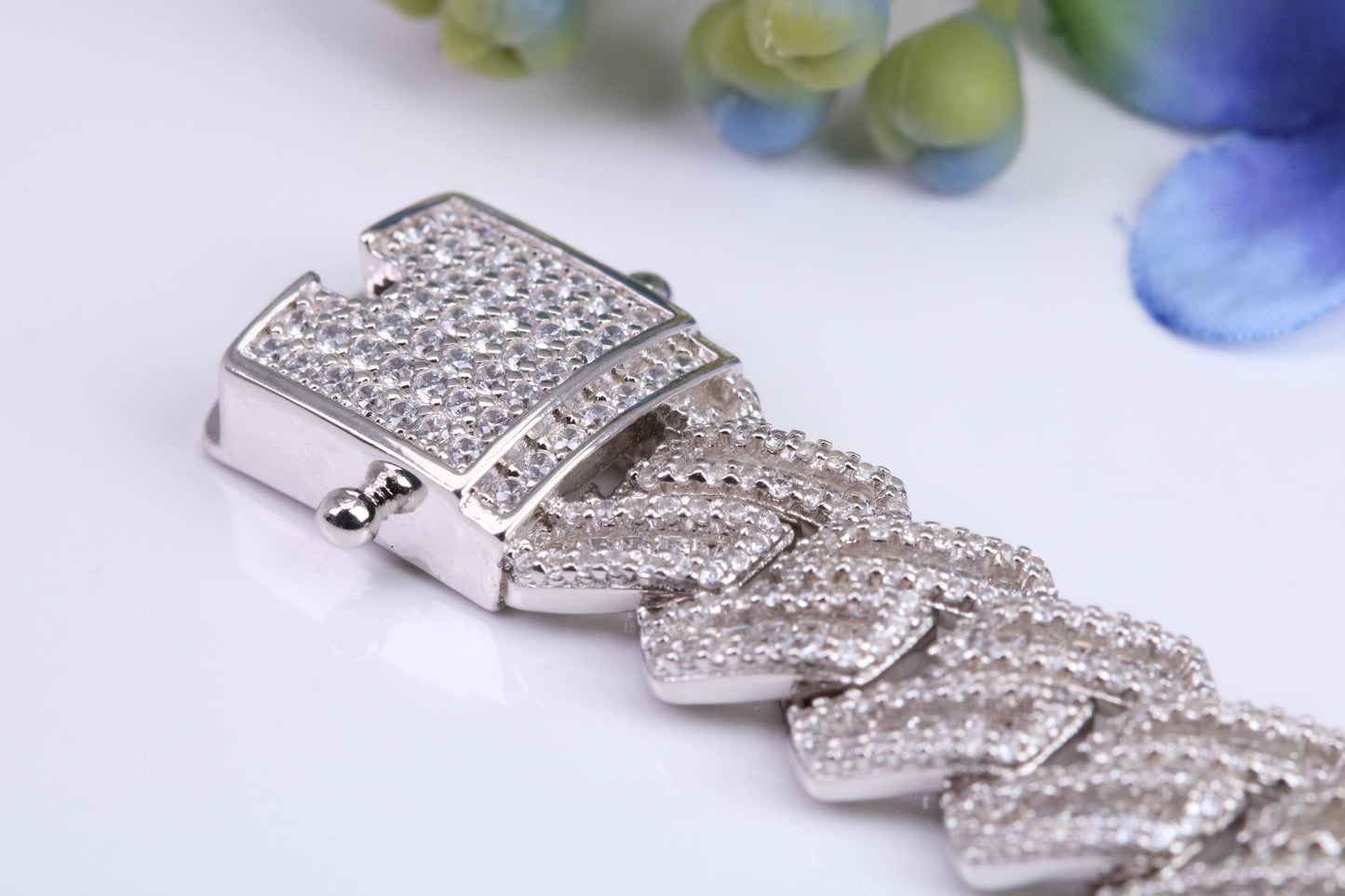 Gents Heavy C Z set Curb Link Bracelet, Made from solid Sterling Silver, 8.50 Inches Long and 13 mm Wide, British Hallmarked