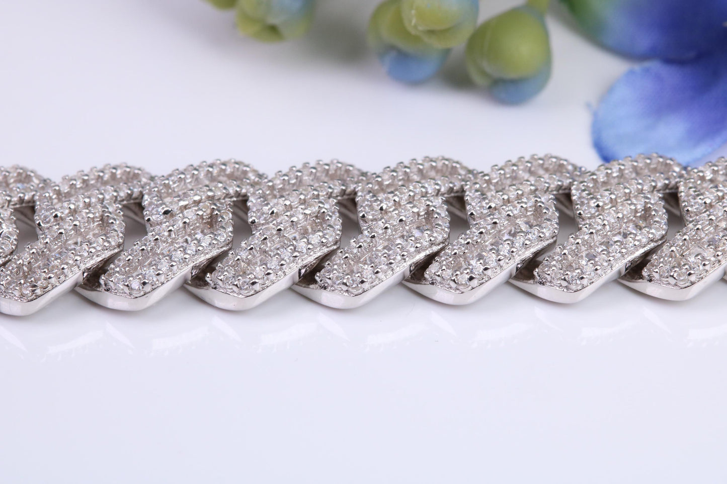 Gents Heavy C Z set Curb Link Bracelet, Made from solid Sterling Silver, 8.50 Inches Long and 13 mm Wide, British Hallmarked