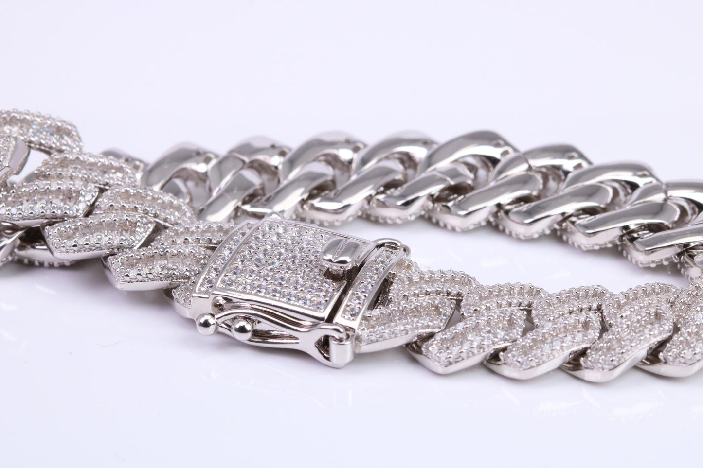 Gents Heavy C Z set Curb Link Bracelet, Made from solid Sterling Silver, 8.50 Inches Long and 13 mm Wide, British Hallmarked