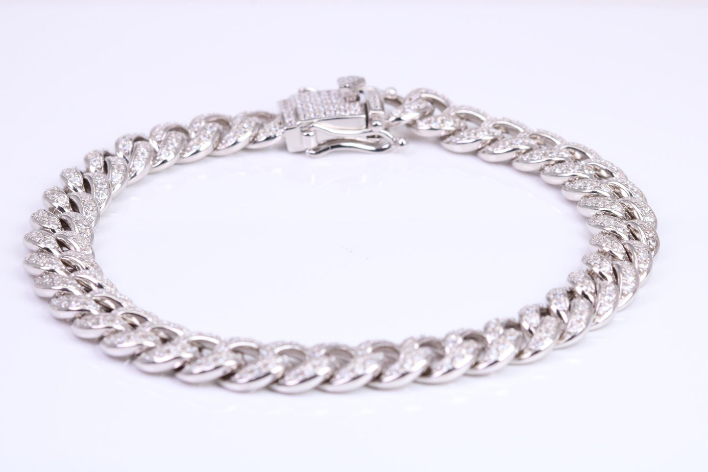 Gents Heavy Cuban Link Bracelet, AAA Graded C Z, Made from solid Sterling Silver, 8.50 Inches Long and 9 mm Wide, British Hallmarked