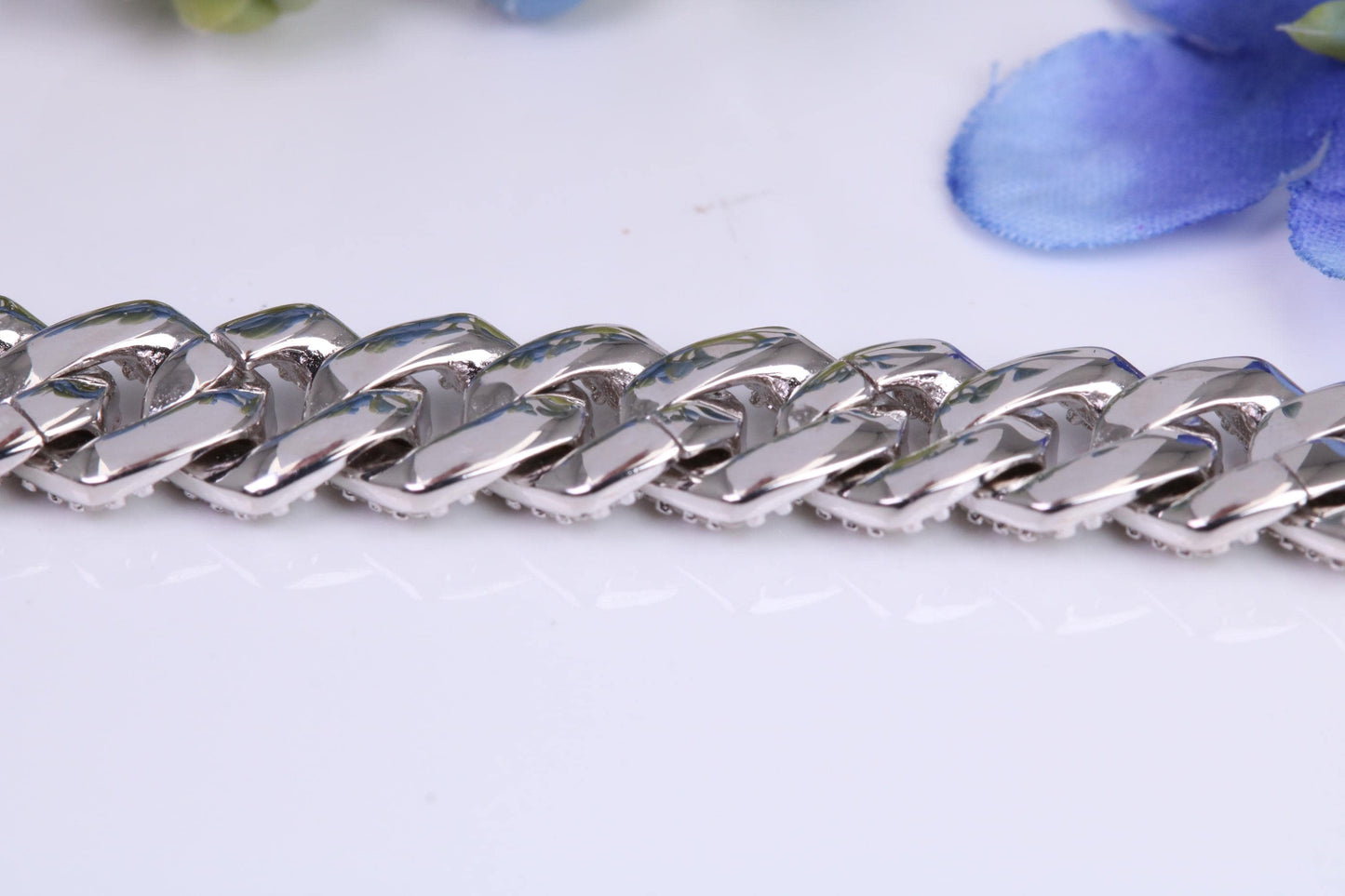 Gents heavy 24 inch Chain, Flat Cubic Zirconia set Links, made from solid Sterling Silver, 24 Inches Long x 8.50 mm wide