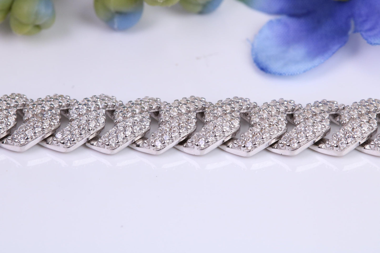 Gents heavy 24 inch Chain, Flat Cubic Zirconia set Links, made from solid Sterling Silver, 24 Inches Long x 8.50 mm wide