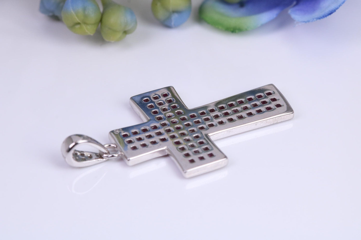 30 mm Long Ruby C Z set Sterling Silver Cross, Made From Solid Cast Silver