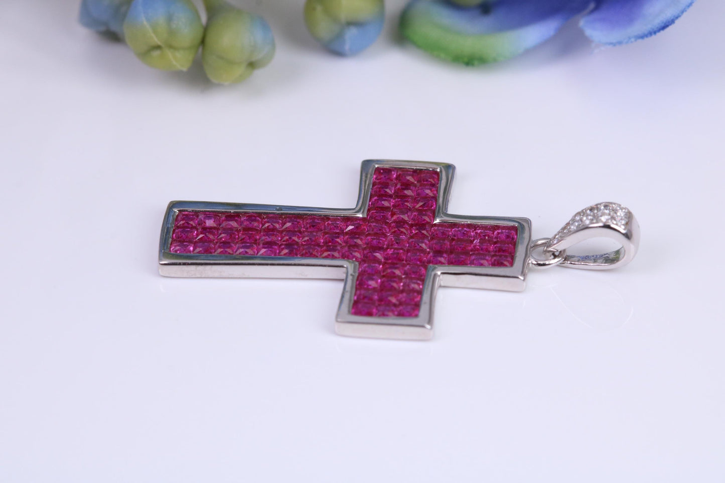 30 mm Long Ruby C Z set Sterling Silver Cross, Made From Solid Cast Silver