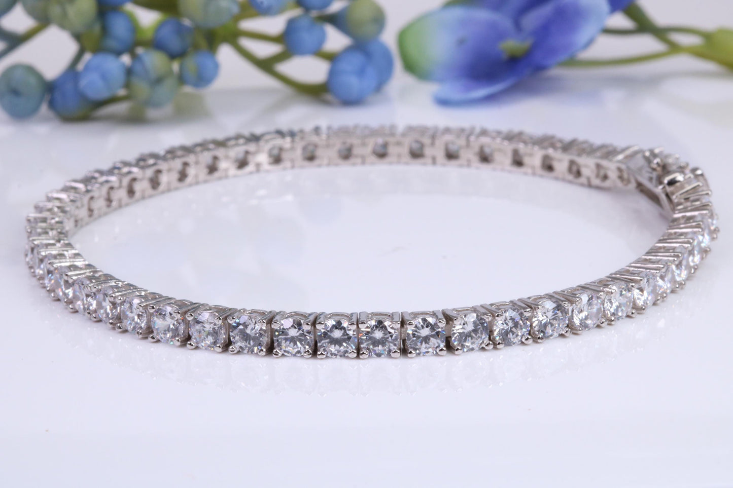Tennis Bracelet, made from solid Sterling Silver and set with top graded Diamond White C Z, 8.50 inches Long